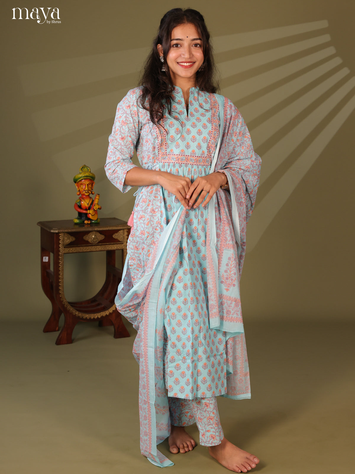 Blue Cotton 3Pc Salwar Suit with Floral Print - Top, Bottom & Dupatta