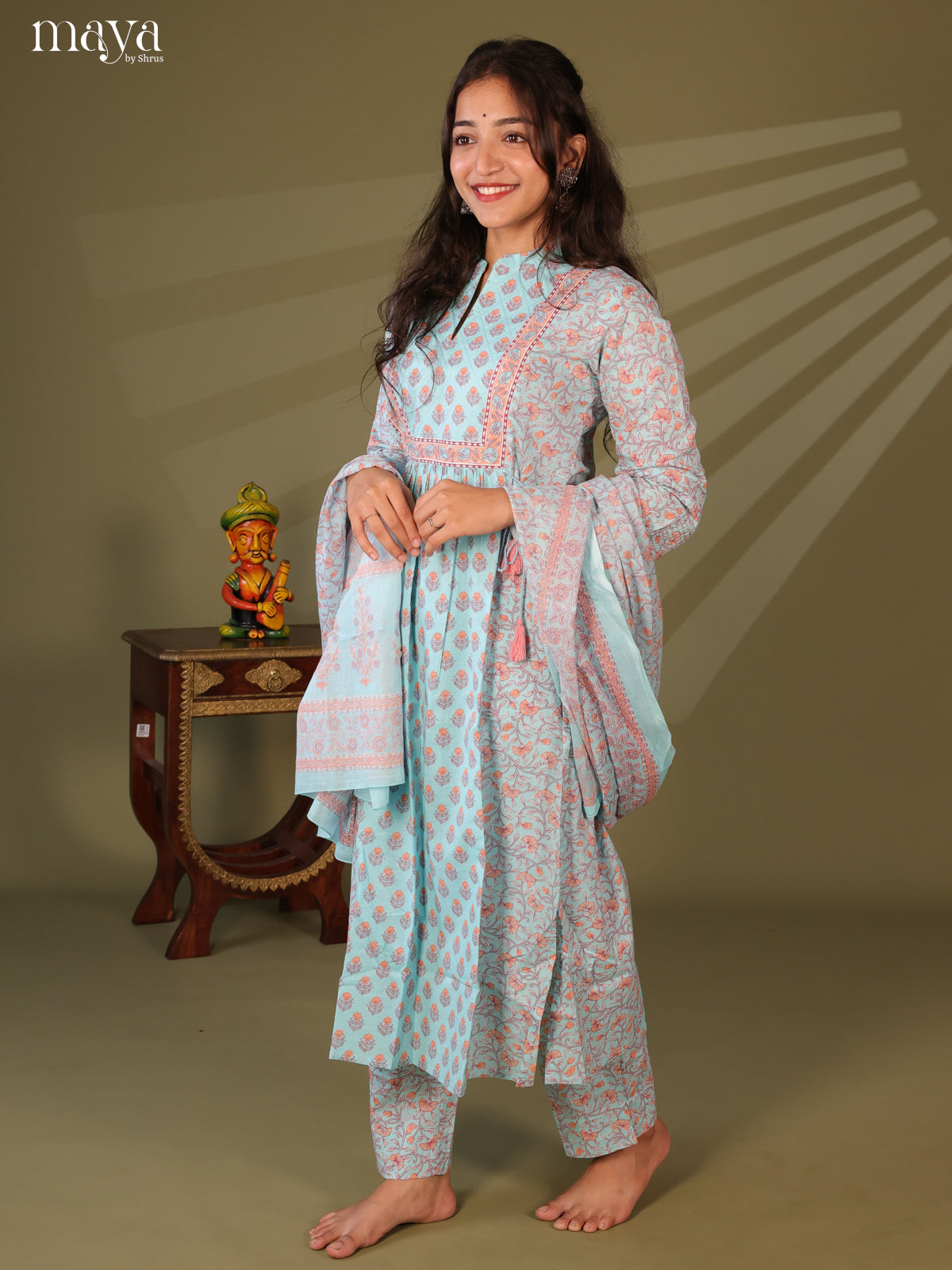 Blue Cotton 3Pc Salwar Suit with Floral Print - Top, Bottom & Dupatta
