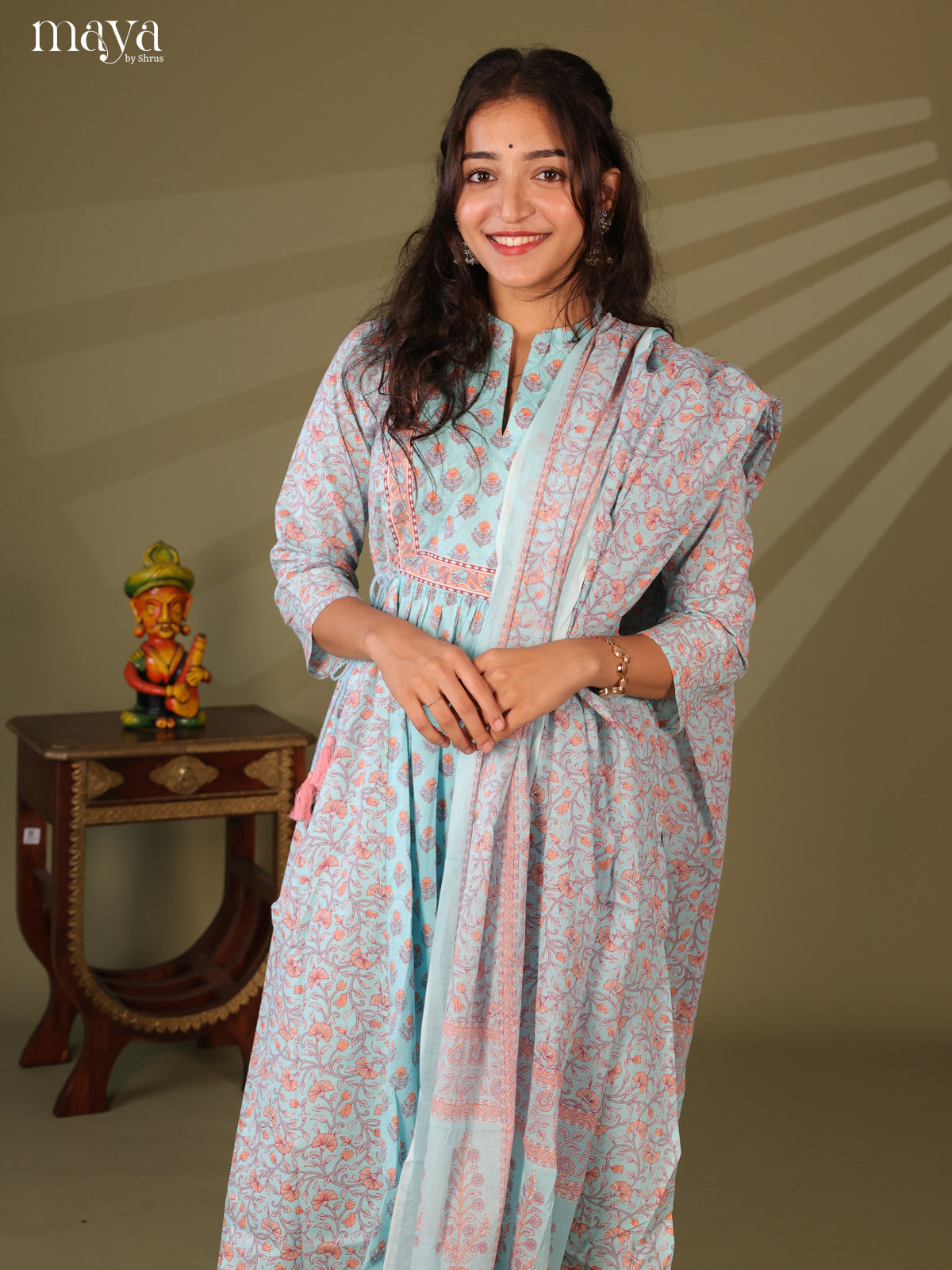 Blue Cotton 3Pc Salwar Suit with Floral Print - Top, Bottom & Dupatta