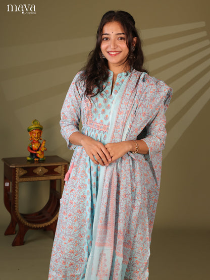 Blue Cotton 3Pc Salwar Suit with Floral Print - Top, Bottom & Dupatta