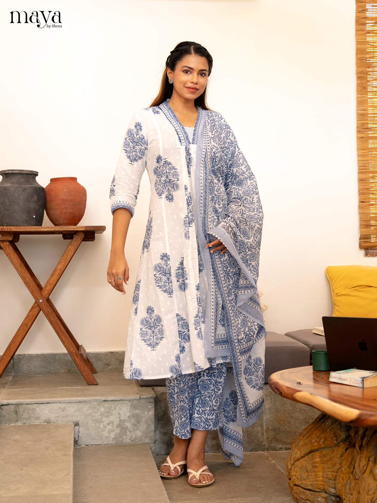 White Cotton 3Pc Salwar Suit Floral Print - Top, Bottom & Dupatta