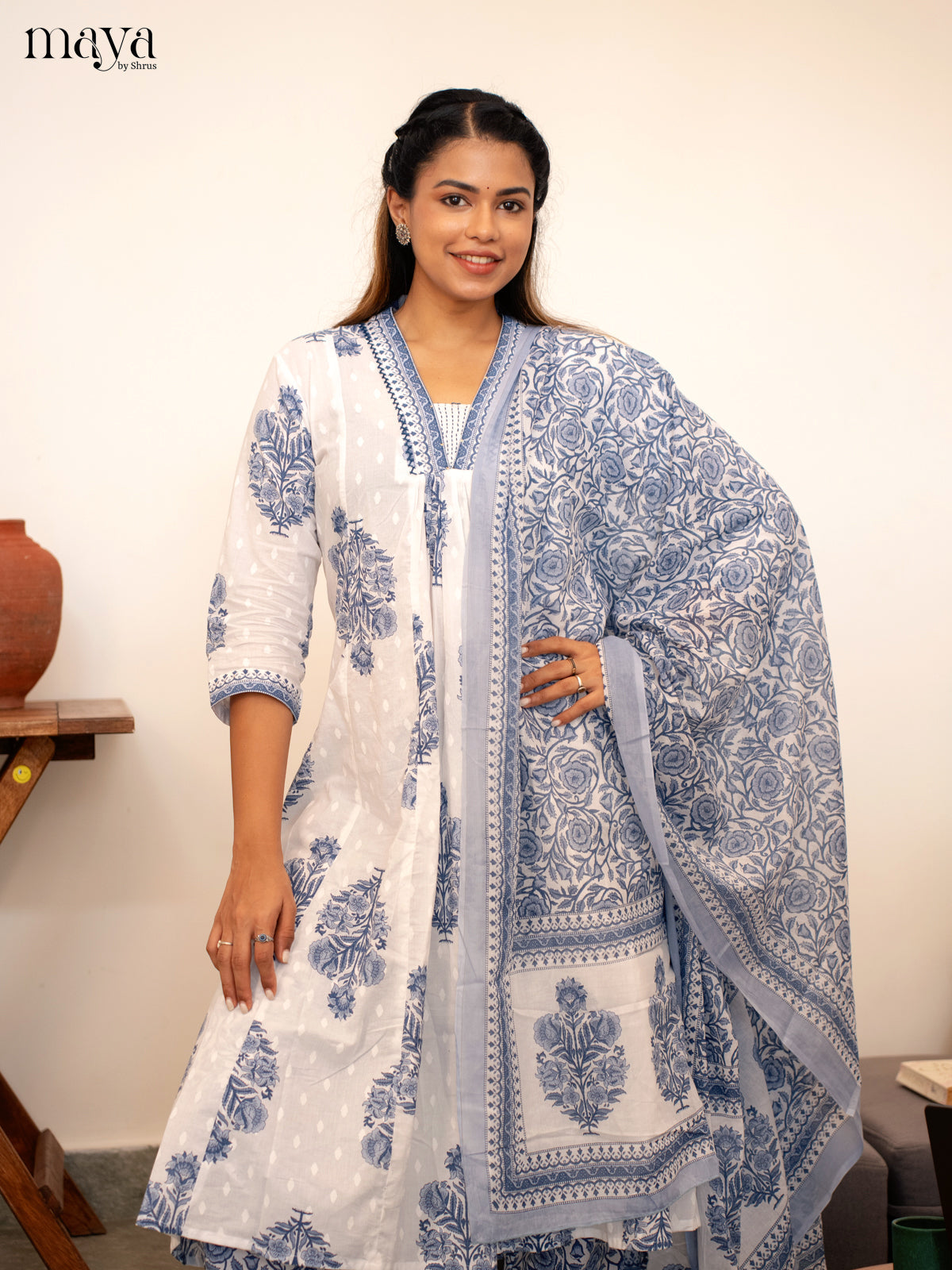 White Cotton 3Pc Salwar Suit Floral Print - Top, Bottom & Dupatta