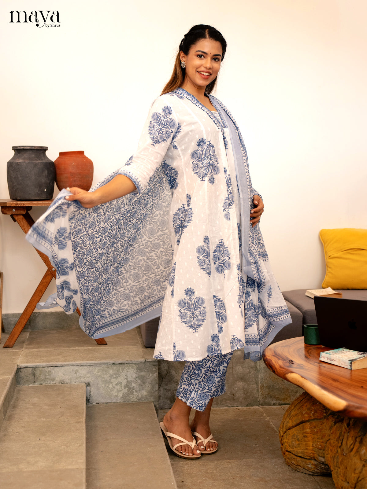 White Cotton 3Pc Salwar Suit Floral Print - Top, Bottom & Dupatta