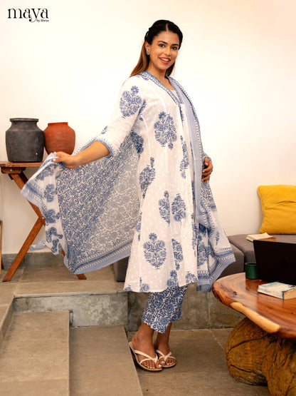White Cotton 3Pc Salwar Suit Floral Print - Top, Bottom & Dupatta