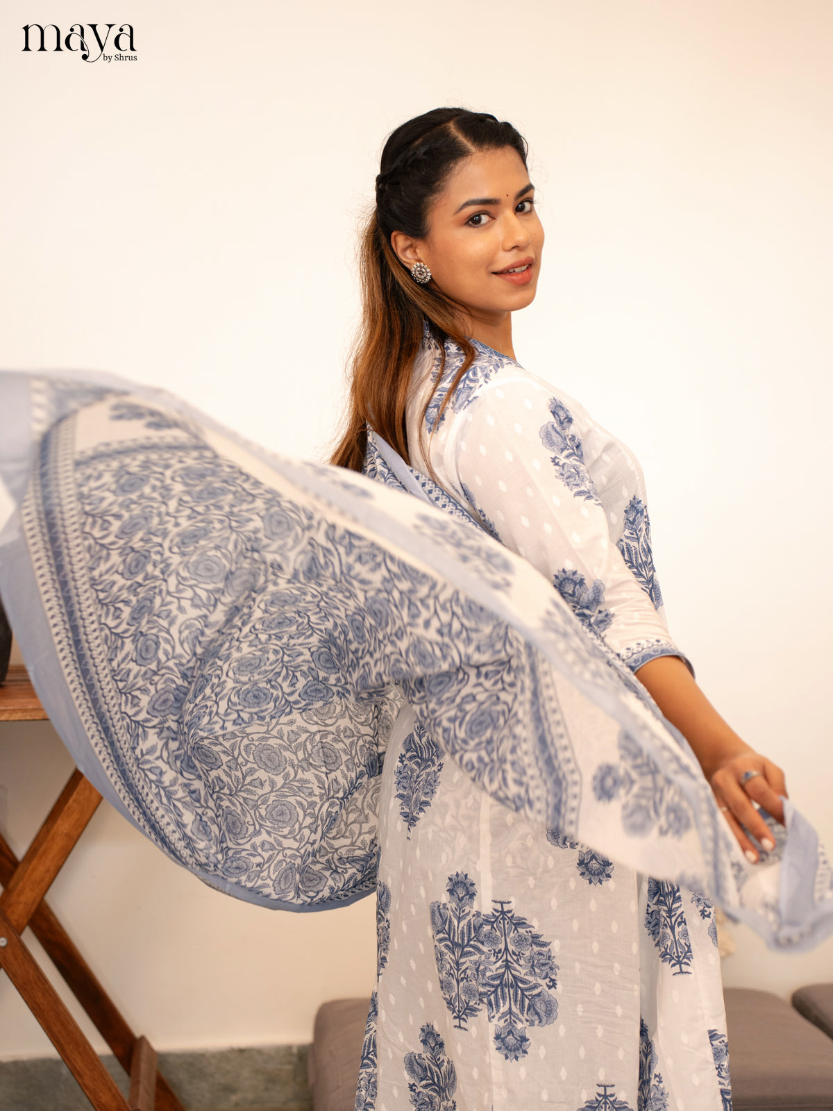 White Cotton 3Pc Salwar Suit Floral Print - Top, Bottom & Dupatta