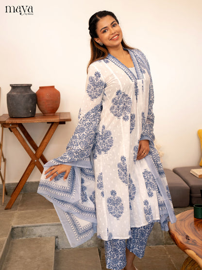 White Cotton 3Pc Salwar Suit Floral Print - Top, Bottom & Dupatta