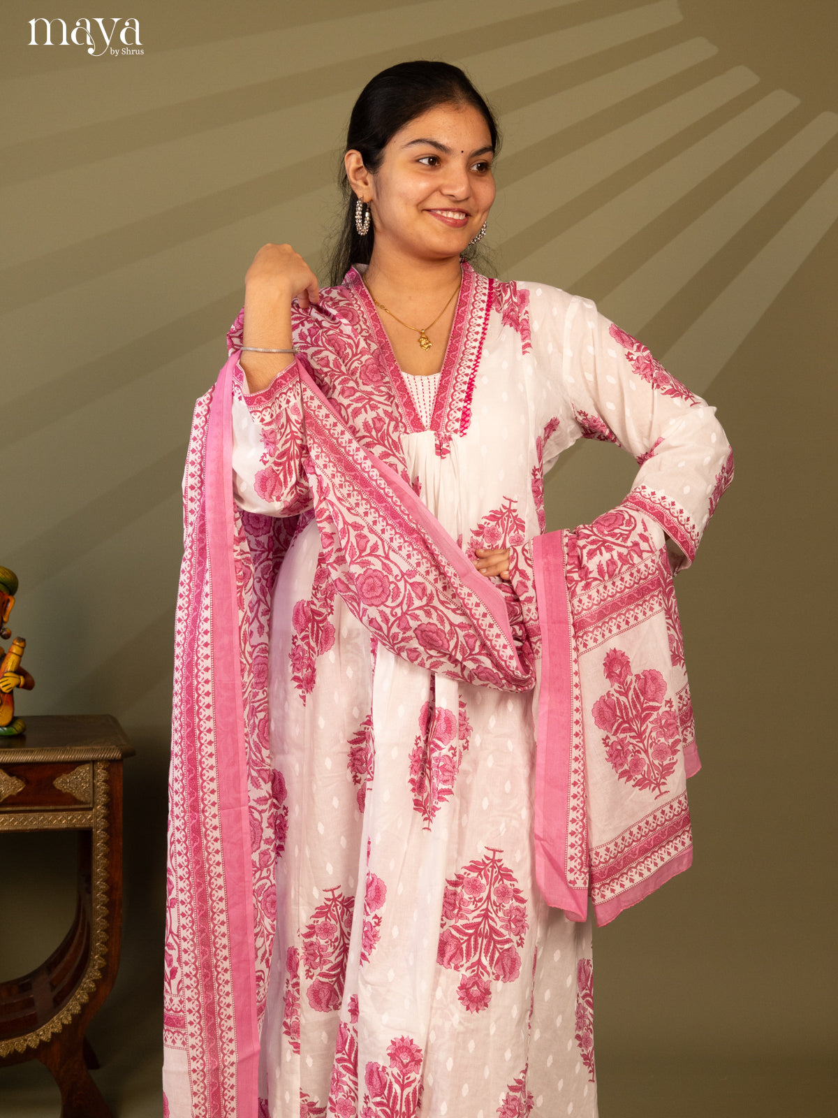 White Cotton 3Pc Salwar Suit Floral Print - Top, Bottom & Dupatta
