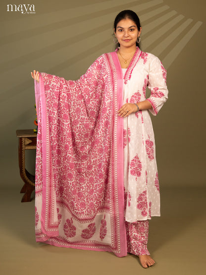 White Cotton 3Pc Salwar Suit Floral Print - Top, Bottom & Dupatta