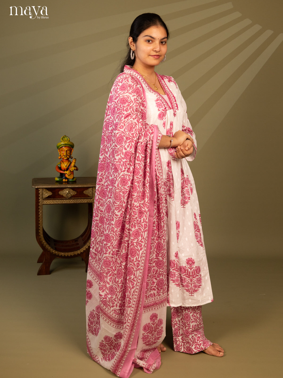 White Cotton 3Pc Salwar Suit Floral Print - Top, Bottom & Dupatta