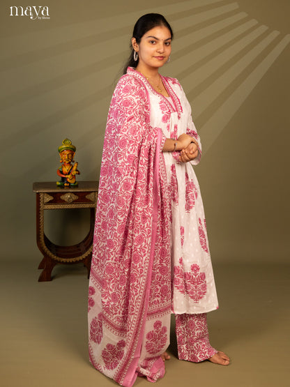 White Cotton 3Pc Salwar Suit Floral Print - Top, Bottom & Dupatta