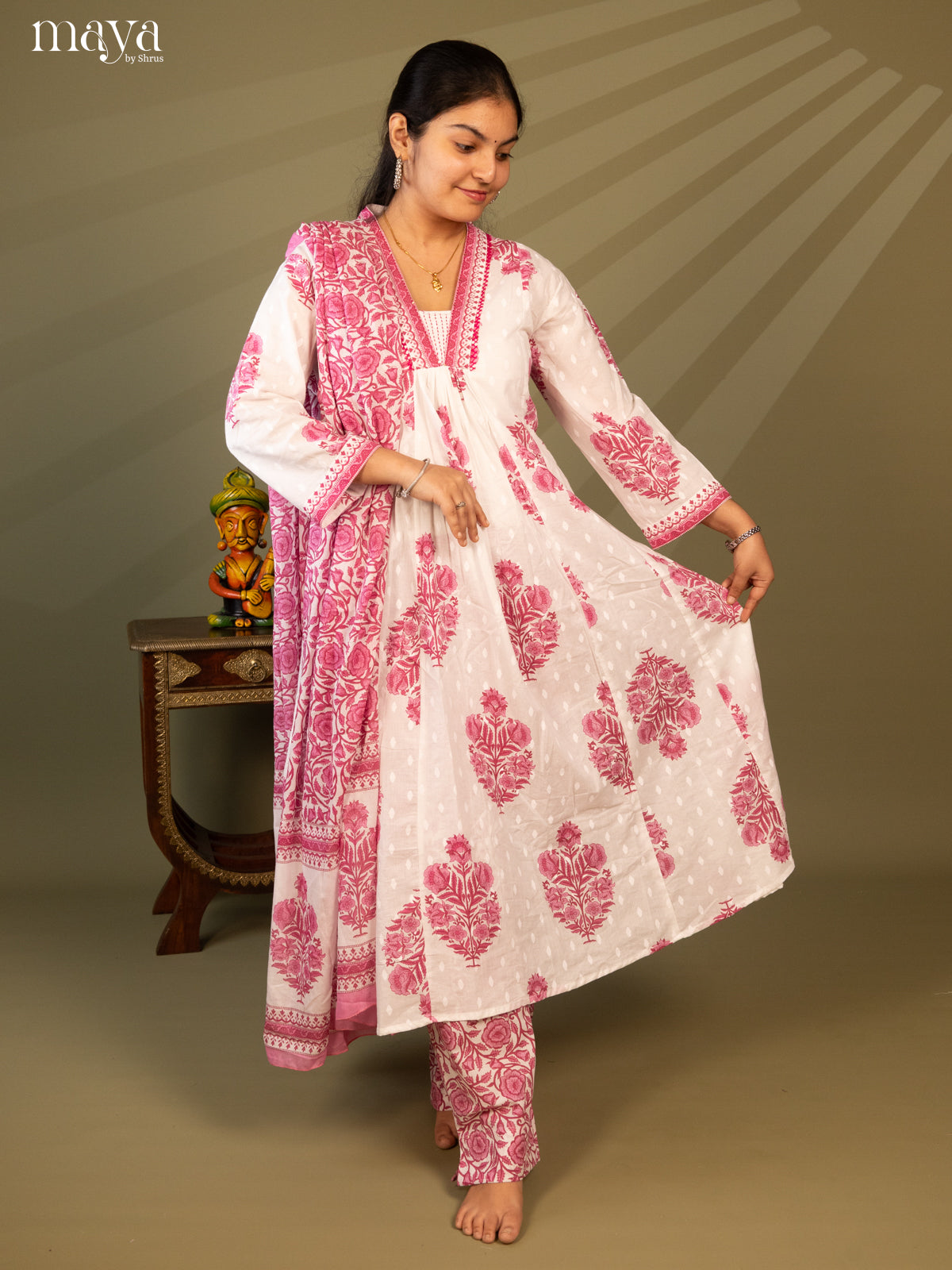 White Cotton 3Pc Salwar Suit Floral Print - Top, Bottom & Dupatta
