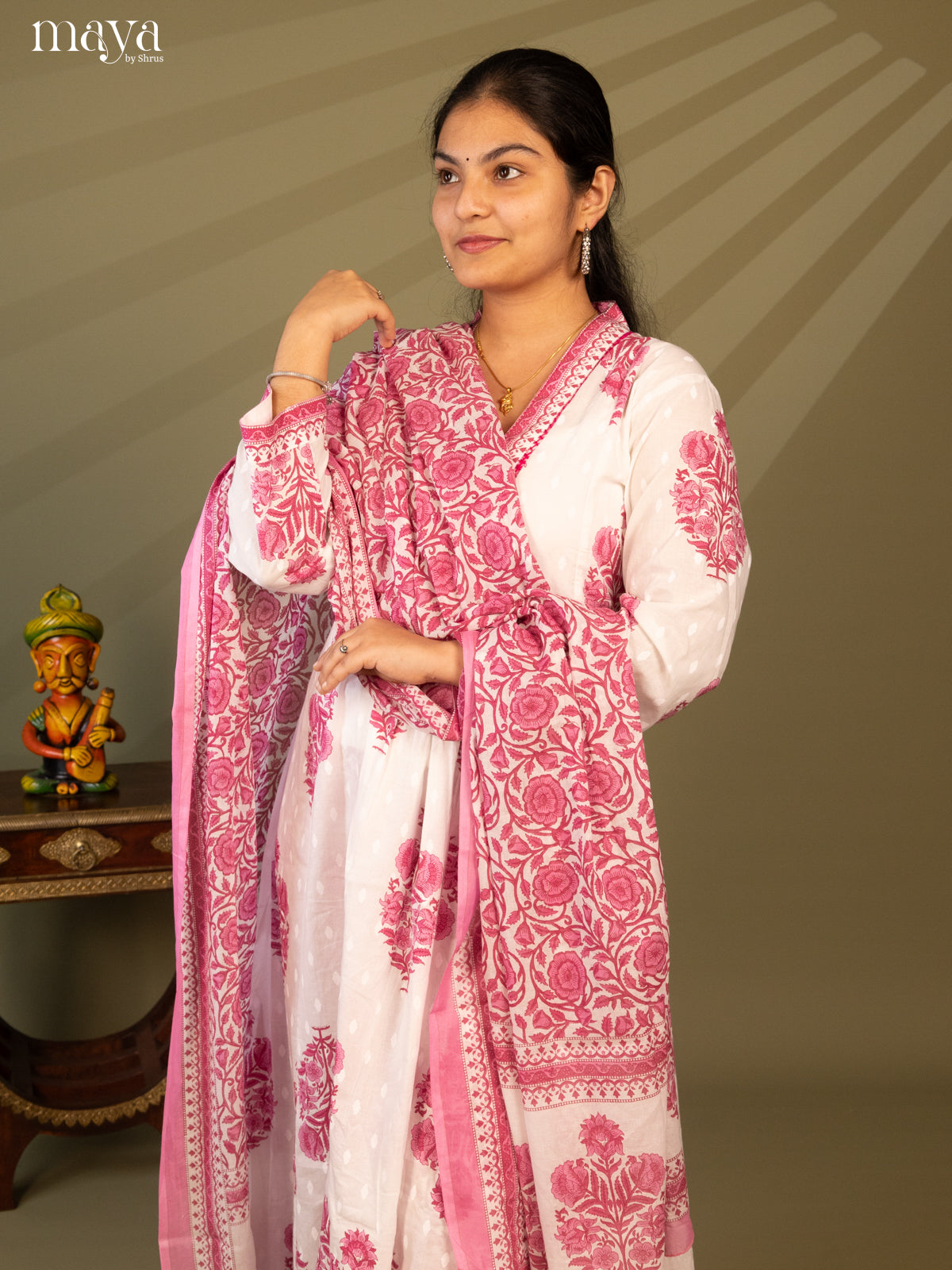 White Cotton 3Pc Salwar Suit Floral Print - Top, Bottom & Dupatta
