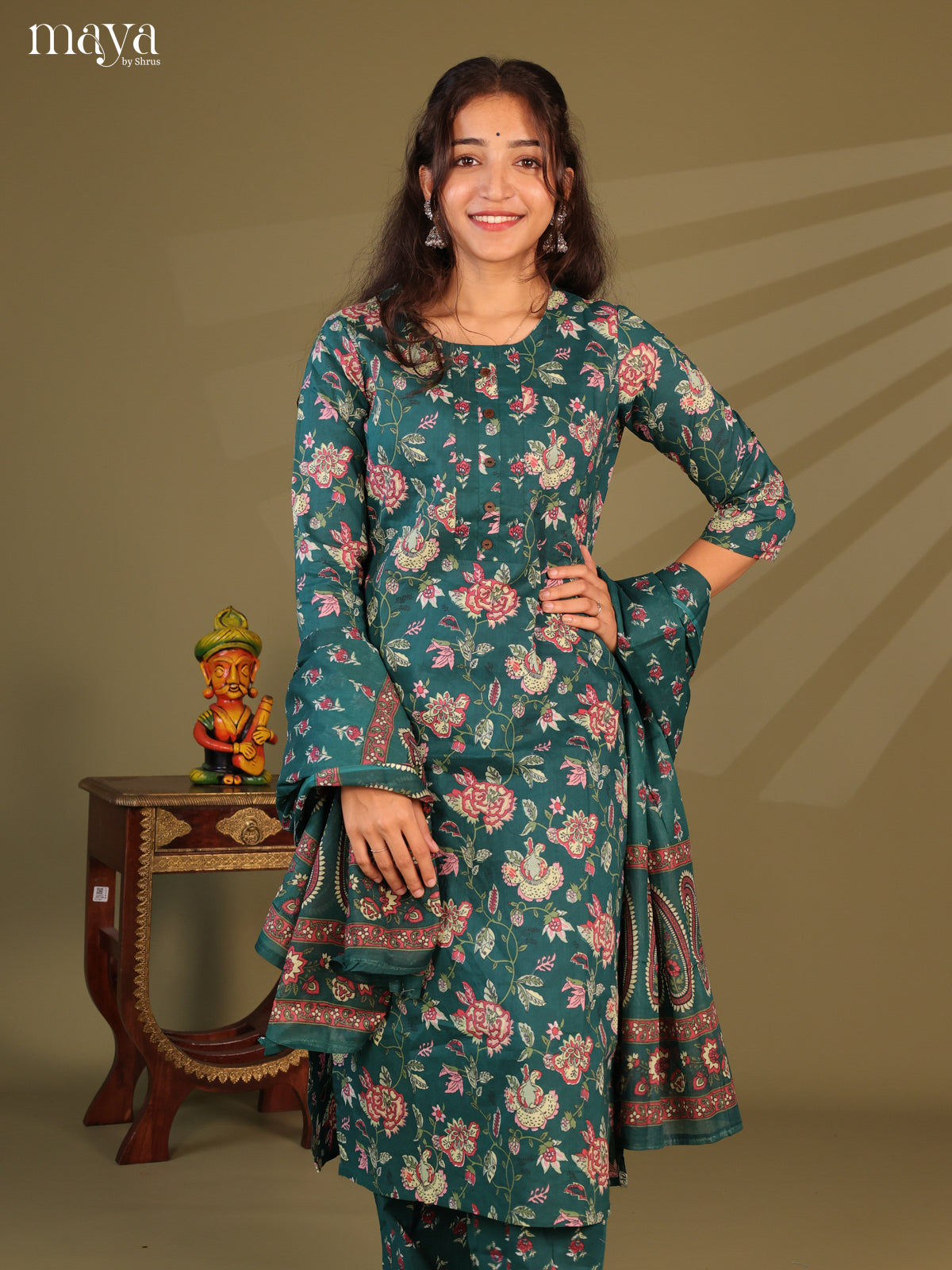 Green Cotton 3Pc Salwar Suit with Floral Print - Top, Bottom & Dupatta