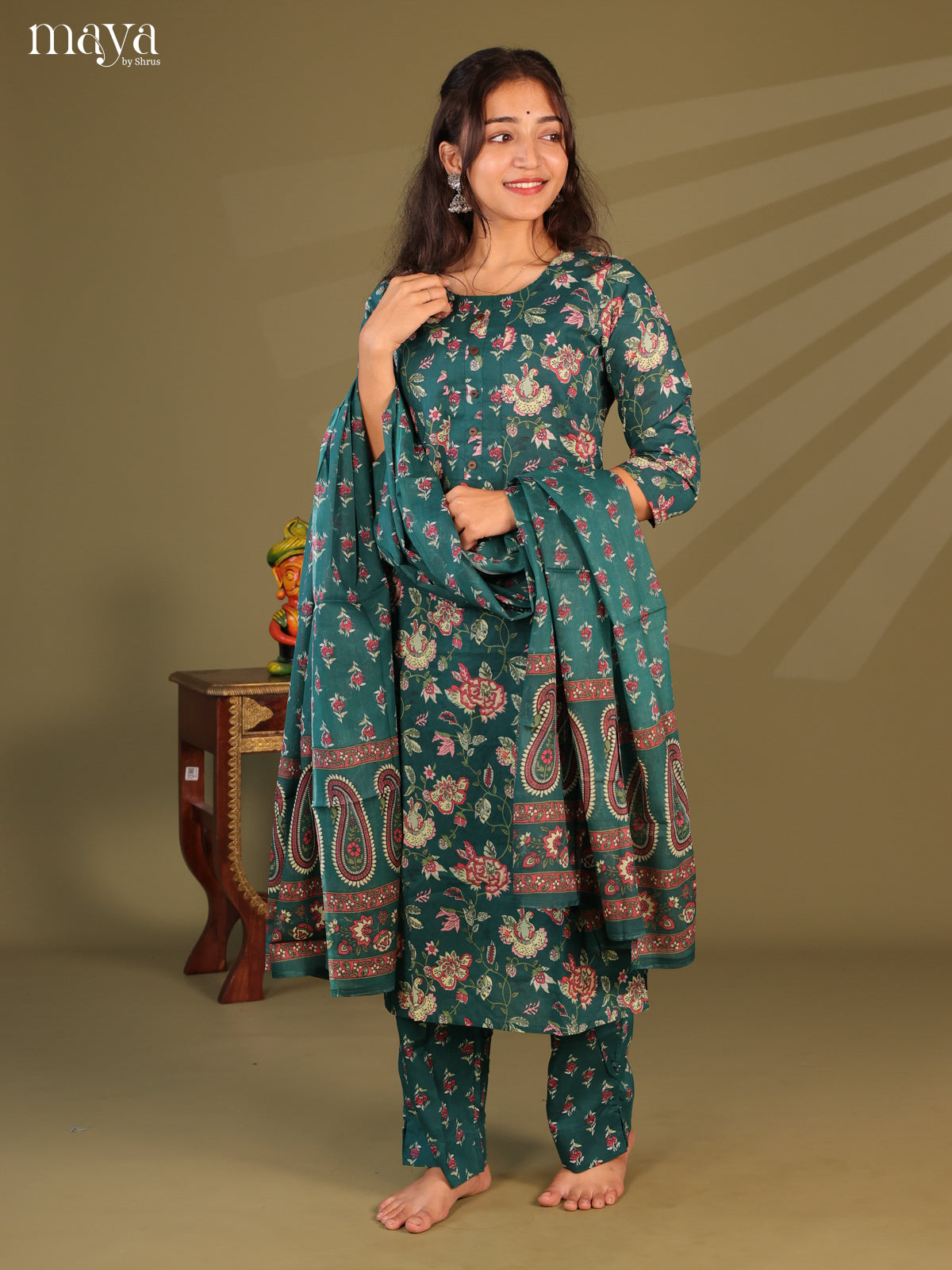 Green Cotton 3Pc Salwar Suit with Floral Print - Top, Bottom & Dupatta
