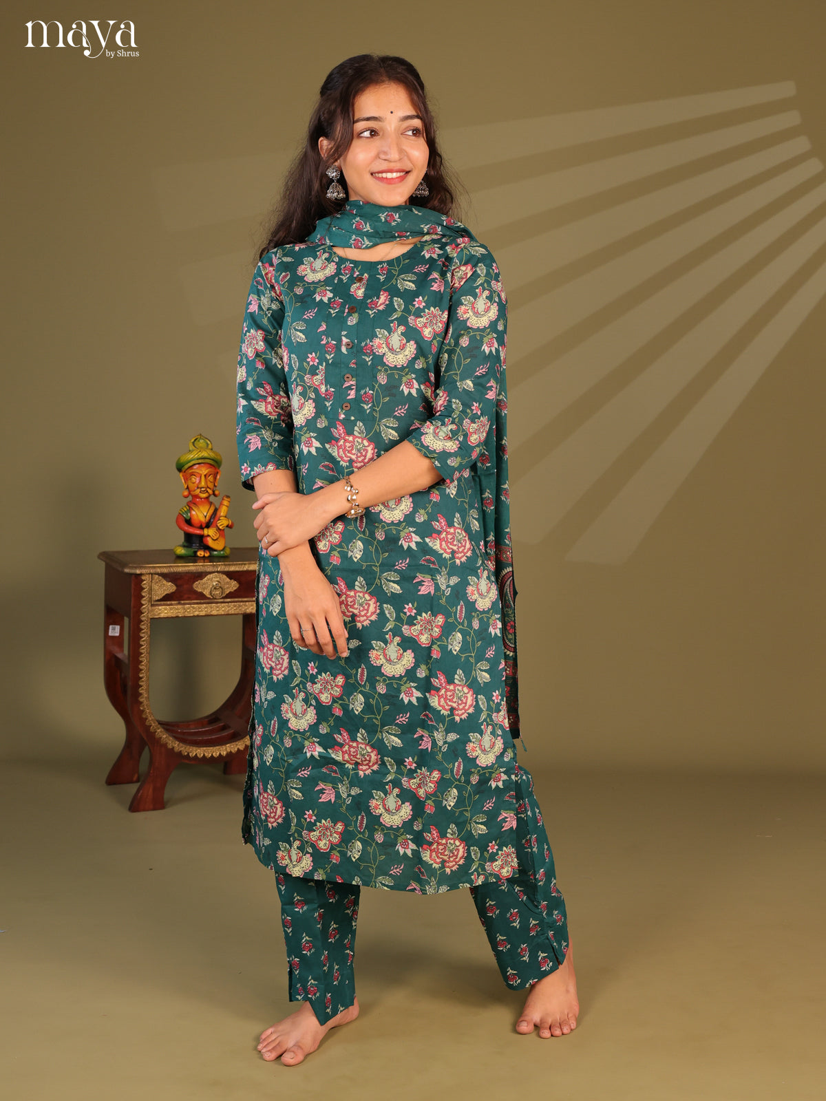 Green Cotton 3Pc Salwar Suit with Floral Print - Top, Bottom & Dupatta