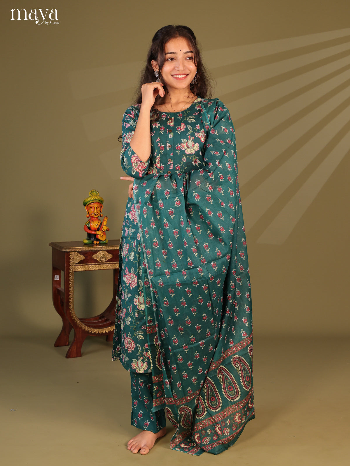 Green Cotton 3Pc Salwar Suit with Floral Print - Top, Bottom & Dupatta