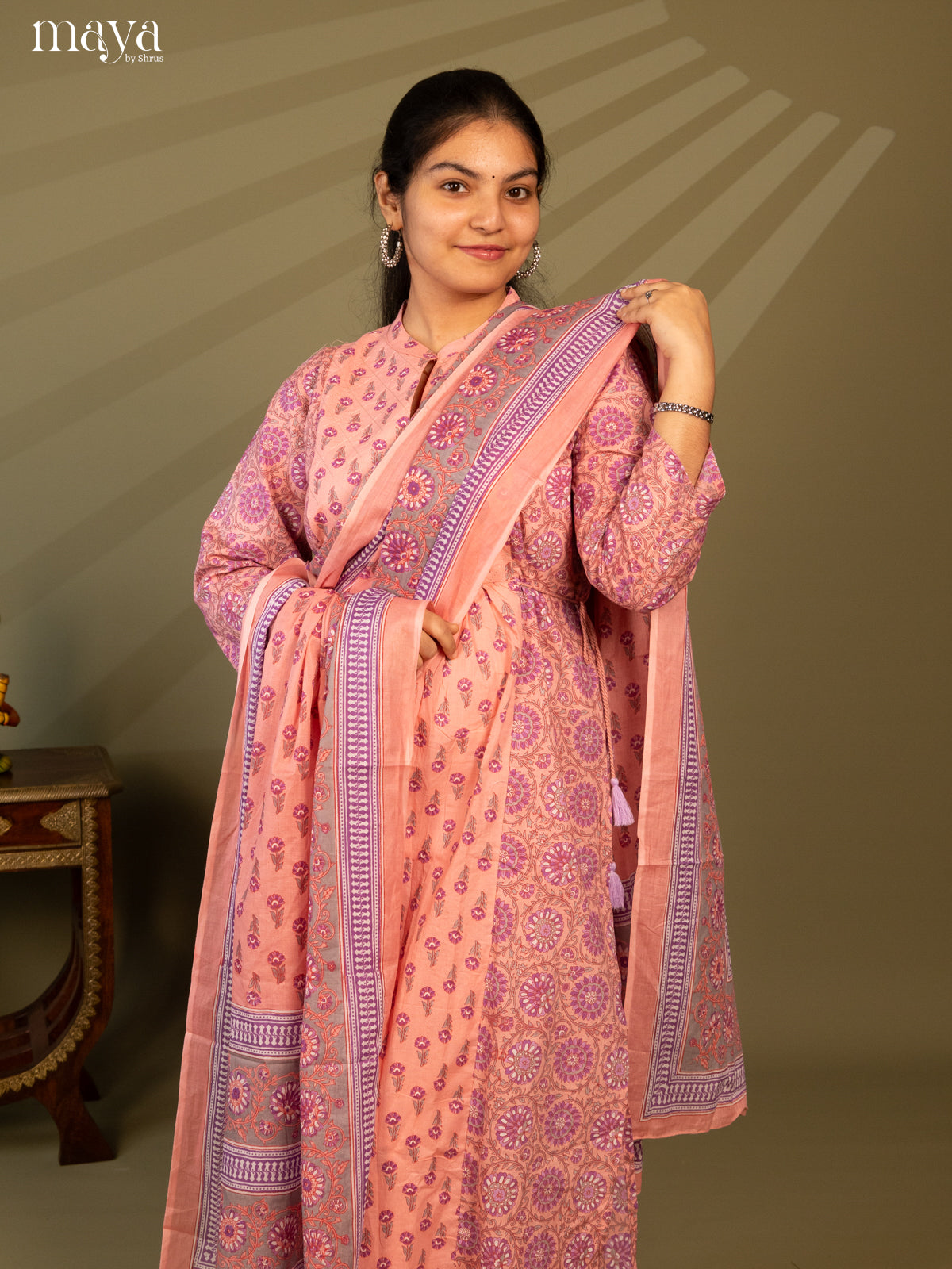 Peach Cotton 3Pc Salwar Suit with Floral Print - Top, Bottom & Dupatta
