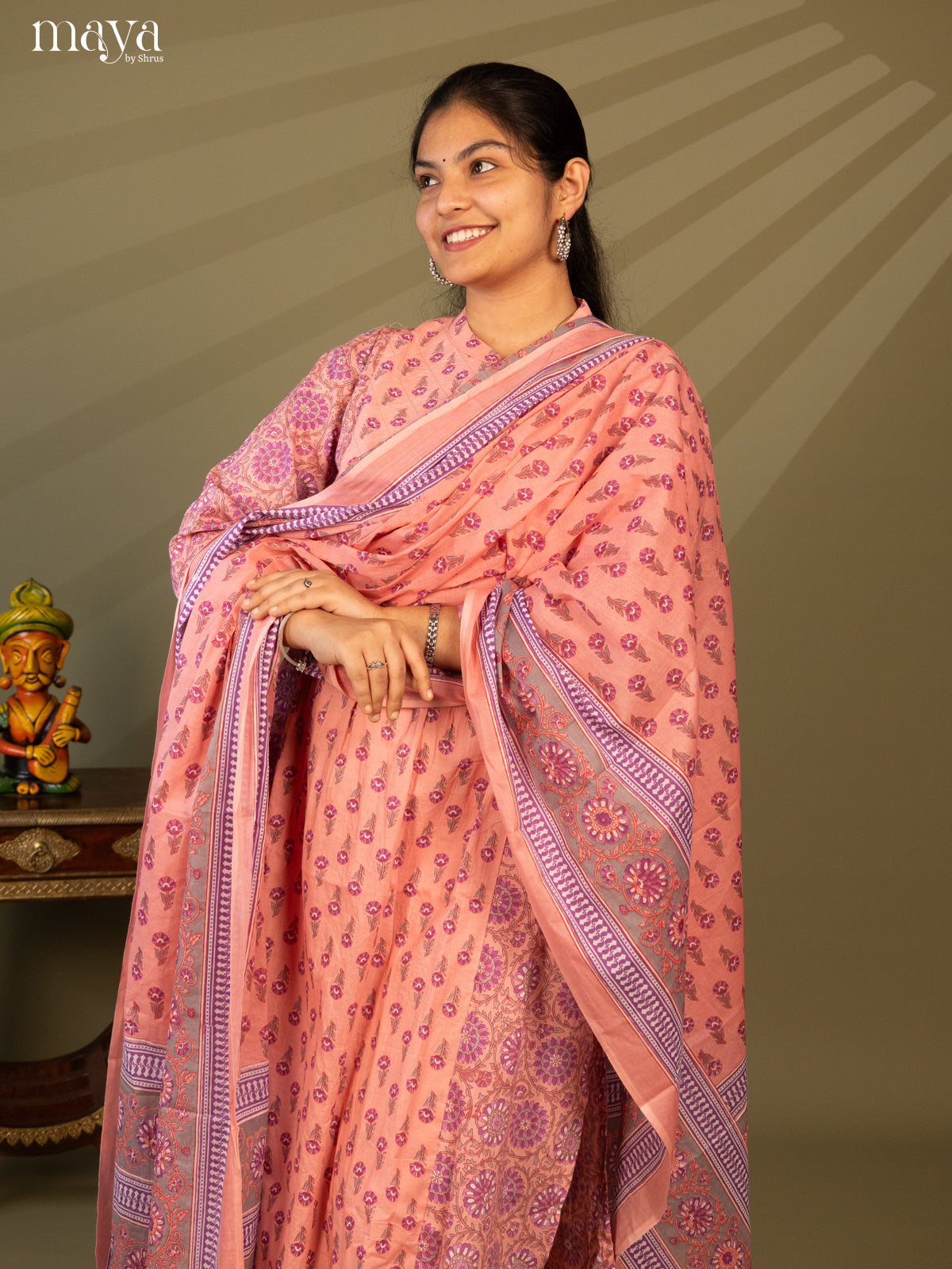 Peach Cotton 3Pc Salwar Suit with Floral Print - Top, Bottom & Dupatta