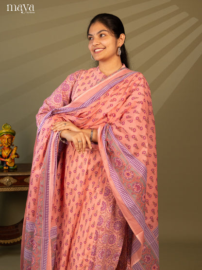 Peach Cotton 3Pc Salwar Suit with Floral Print - Top, Bottom & Dupatta