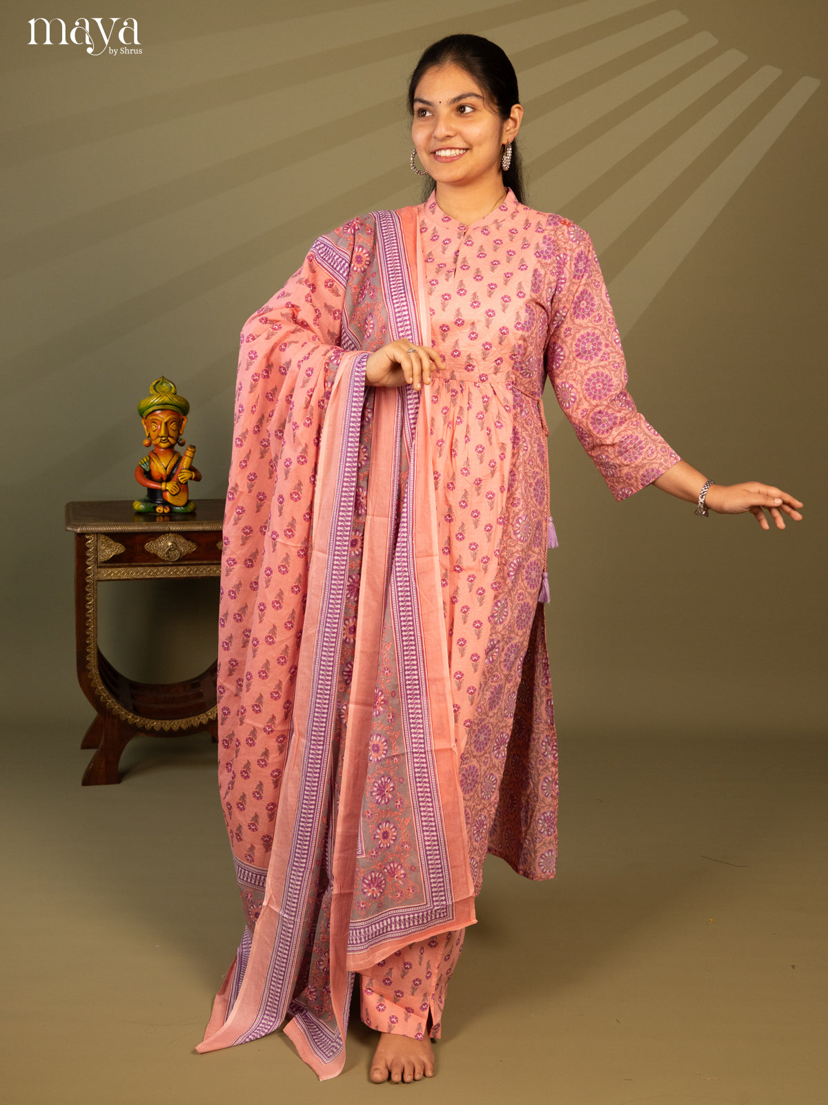 Peach Cotton 3Pc Salwar Suit with Floral Print - Top, Bottom & Dupatta