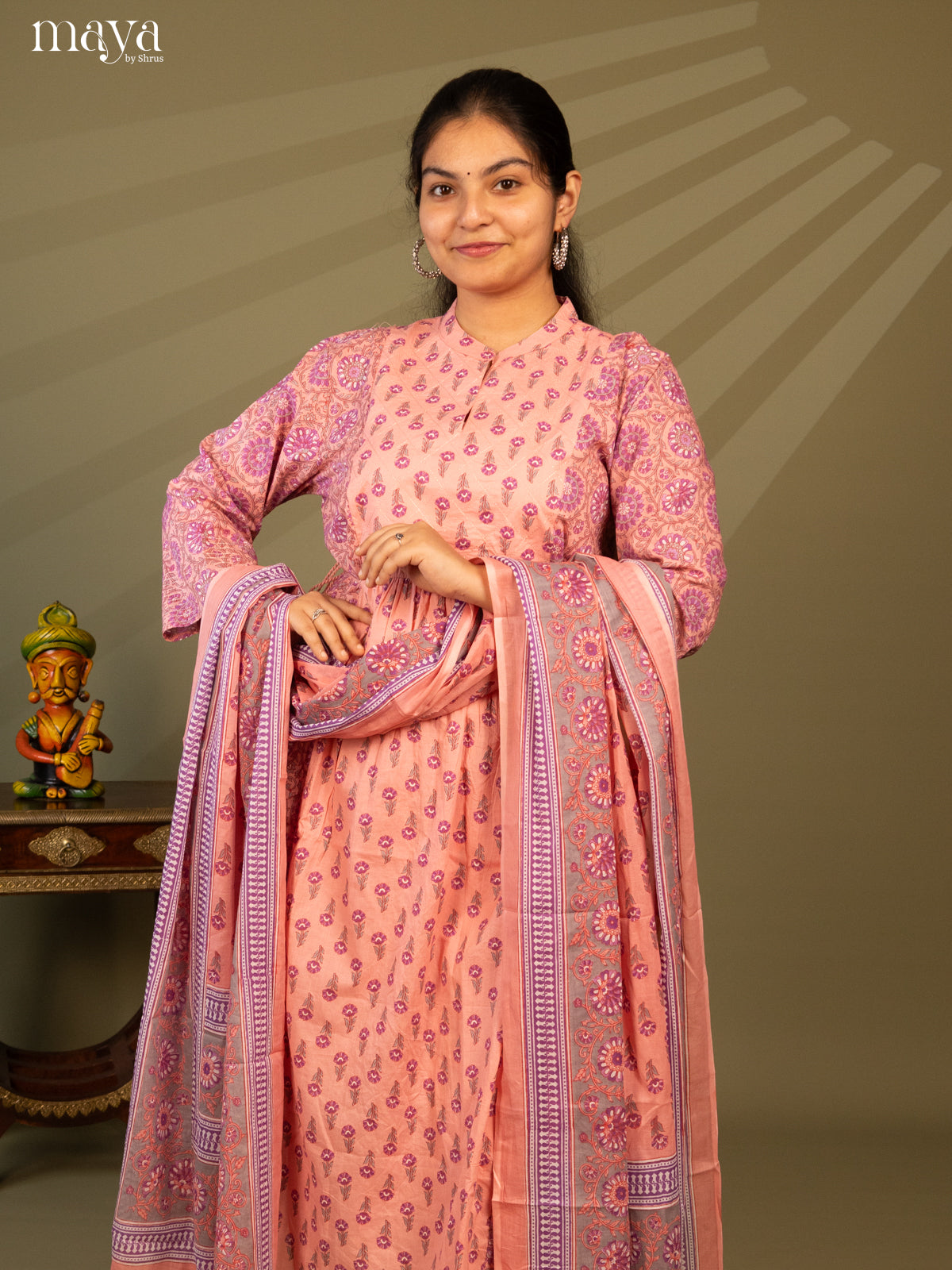 Peach Cotton 3Pc Salwar Suit with Floral Print - Top, Bottom & Dupatta