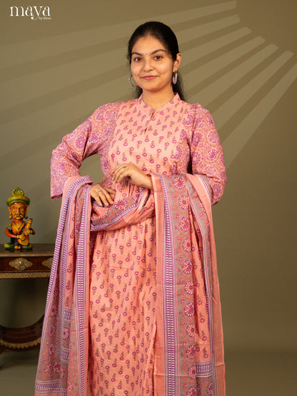 Peach Cotton 3Pc Salwar Suit with Floral Print - Top, Bottom & Dupatta