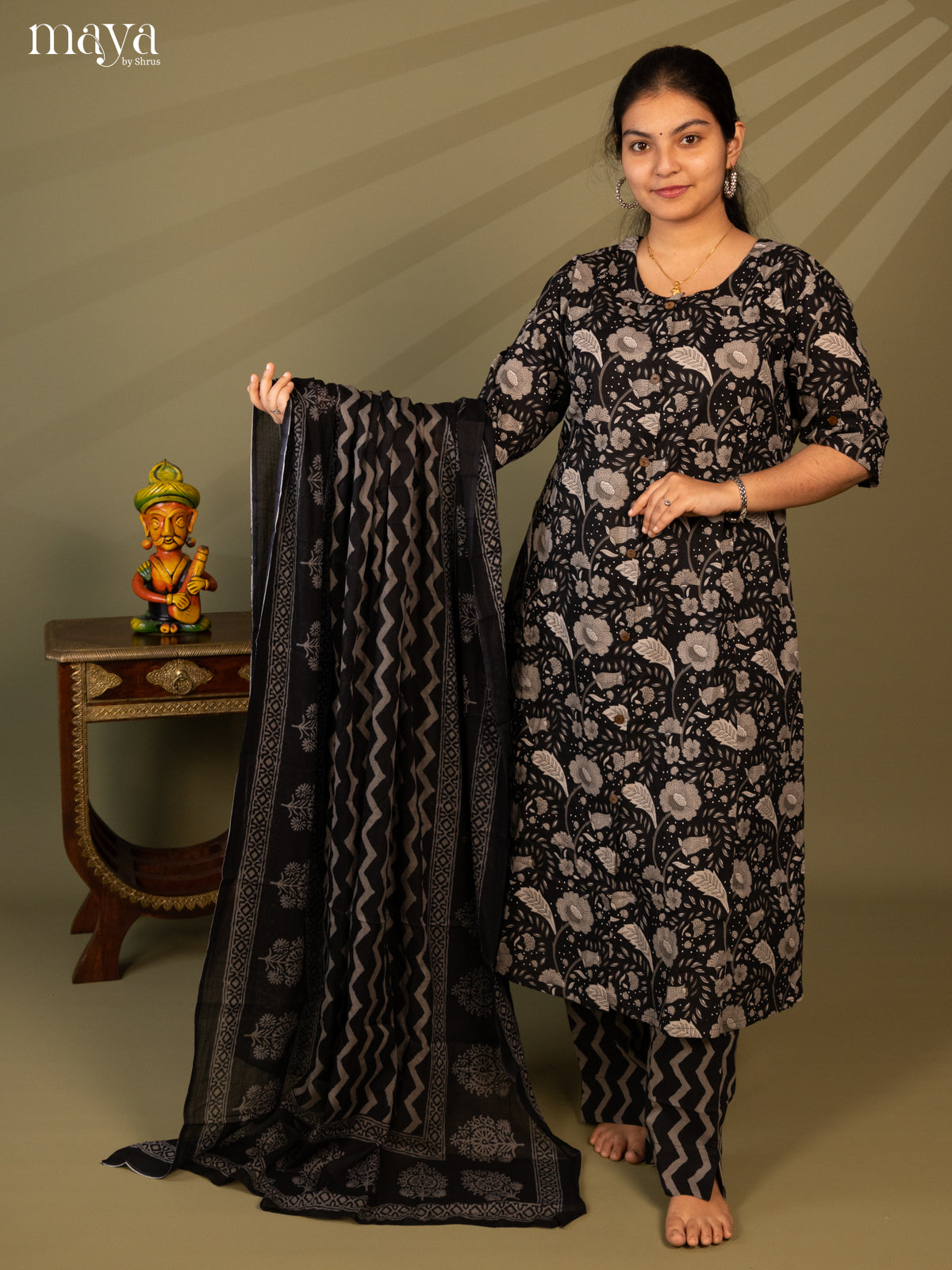 Black Cotton 3Pc Salwar Suit with Floral Print - Top, Bottom & Dupatta