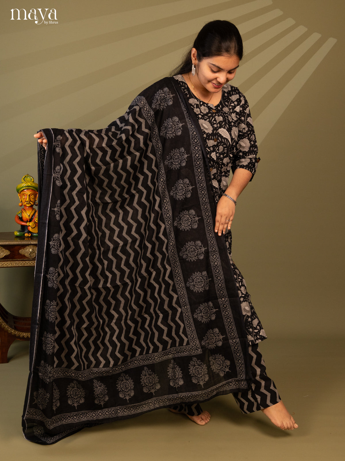 Black Cotton 3Pc Salwar Suit with Floral Print - Top, Bottom & Dupatta