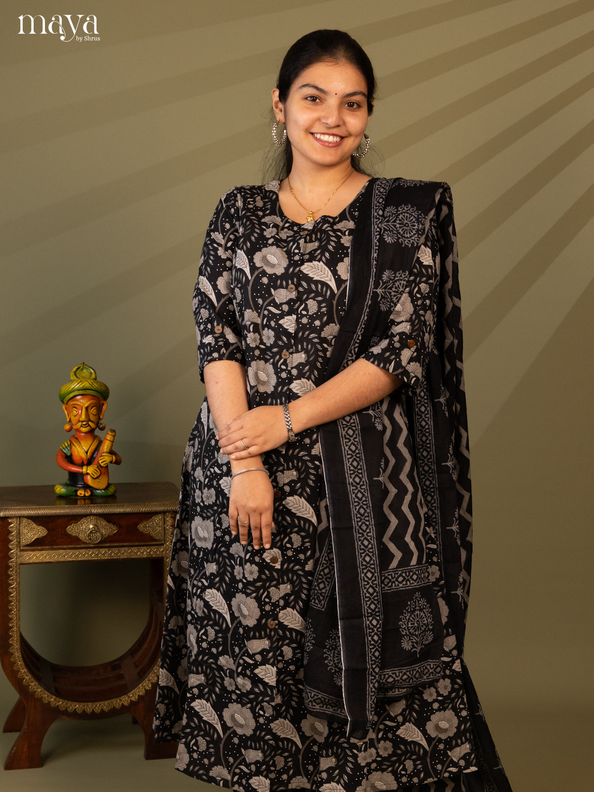 Black Cotton 3Pc Salwar Suit with Floral Print - Top, Bottom & Dupatta
