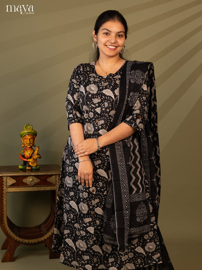 Black Cotton 3Pc Salwar Suit with Floral Print - Top, Bottom & Dupatta