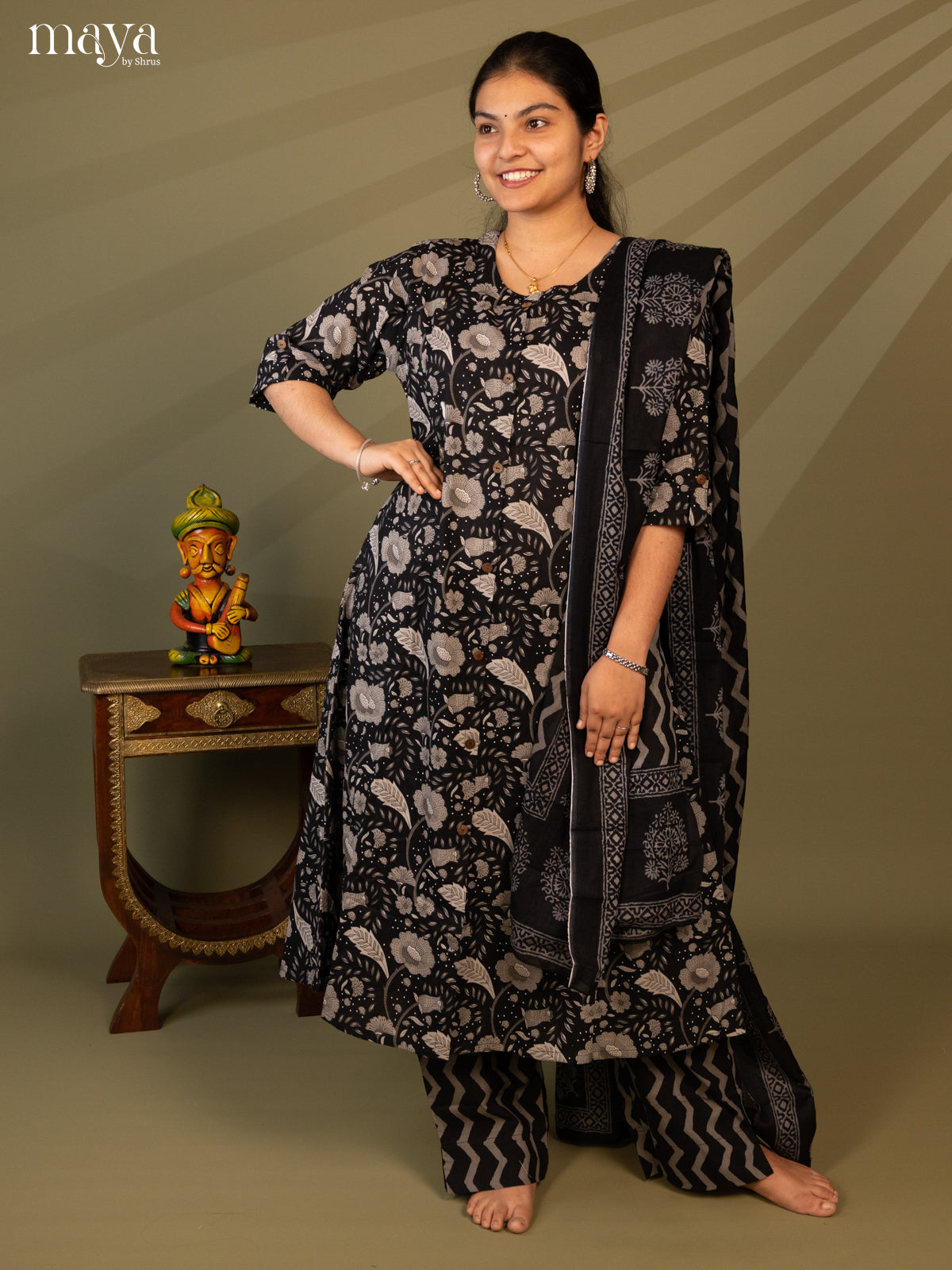 Black Cotton 3Pc Salwar Suit with Floral Print - Top, Bottom & Dupatta