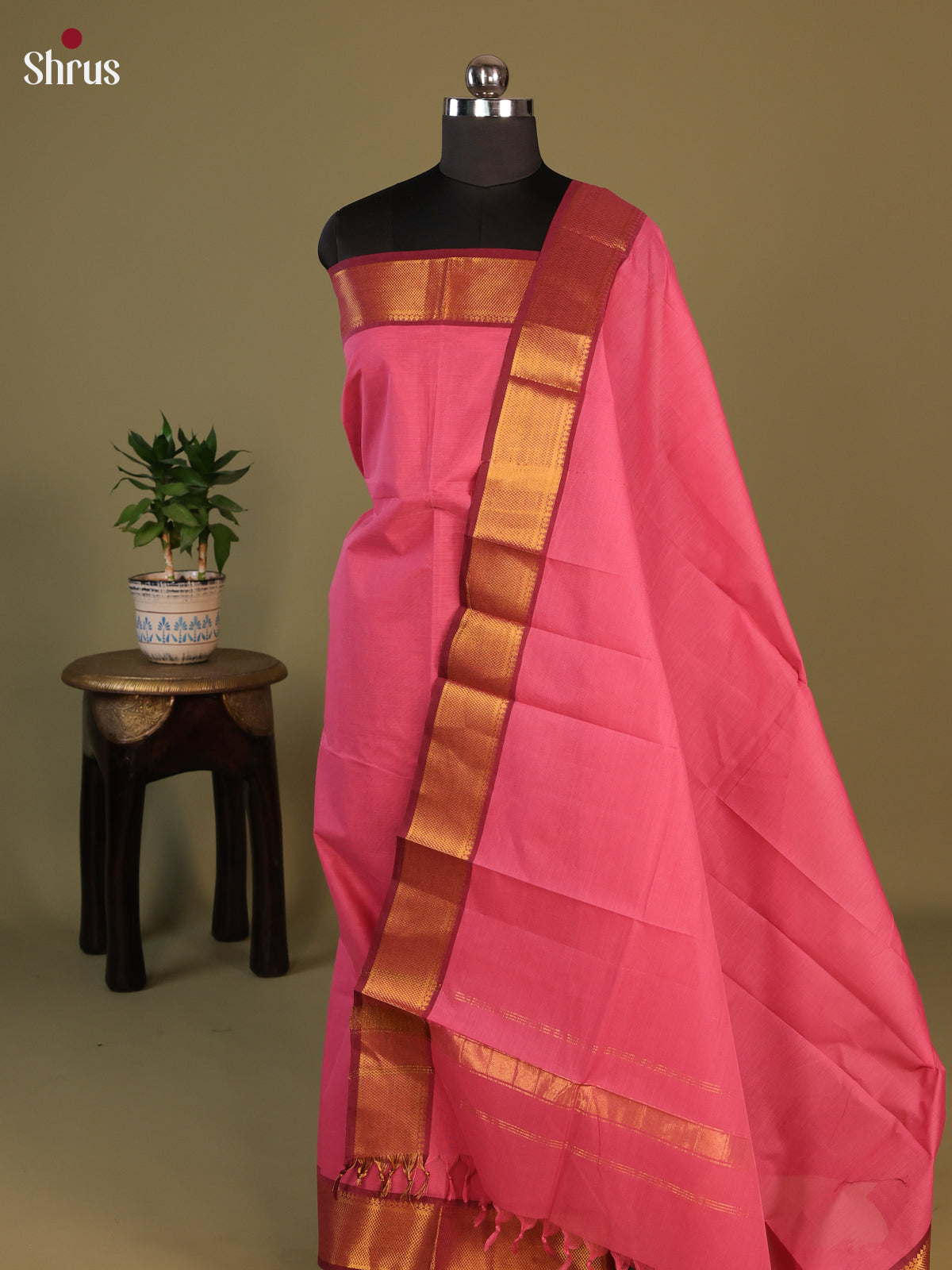 Pink & Maroon Chettinad Cotton Unstitched Top & Dupatta - MCL23039