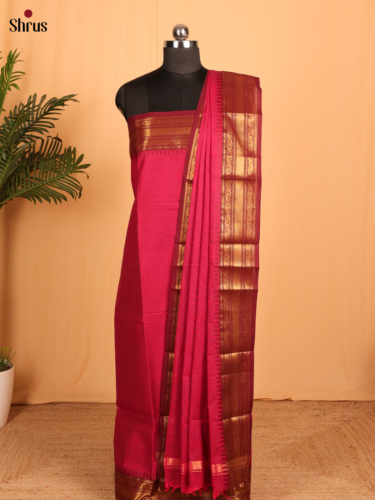 Pink & Maroon Chettinad Cotton Unstitched Top & Dupatta - MCL23040