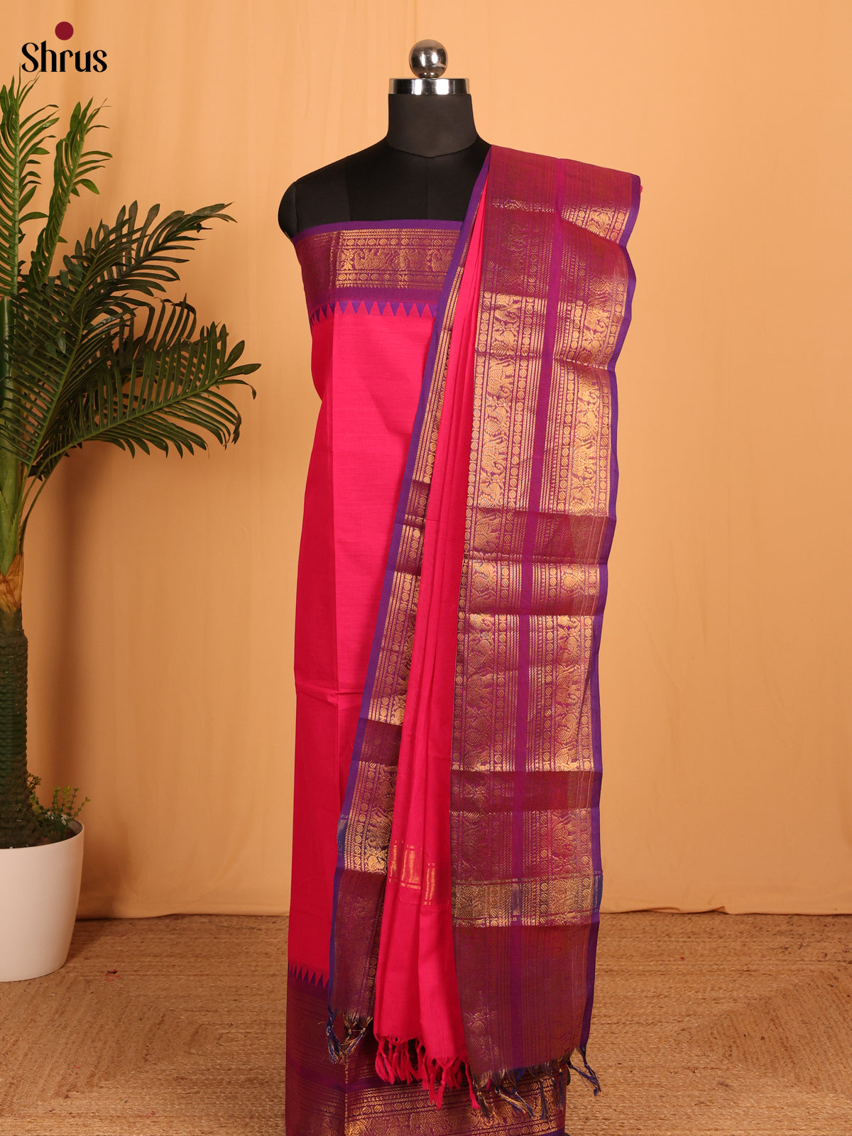 Pink with Violet Chettinad Cotton Unstitched Suit Set