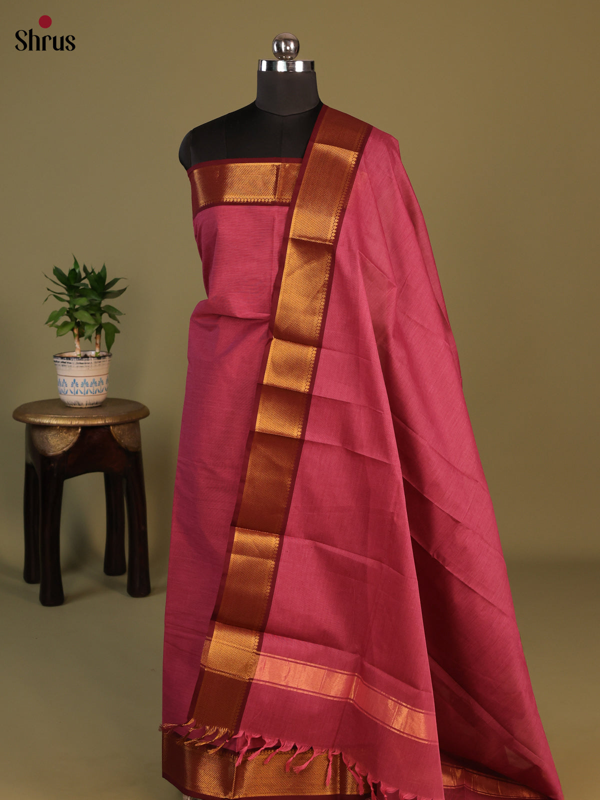 Pink & Maroon Chettinad Cotton Unstitched Top & Dupatta- MCL23042