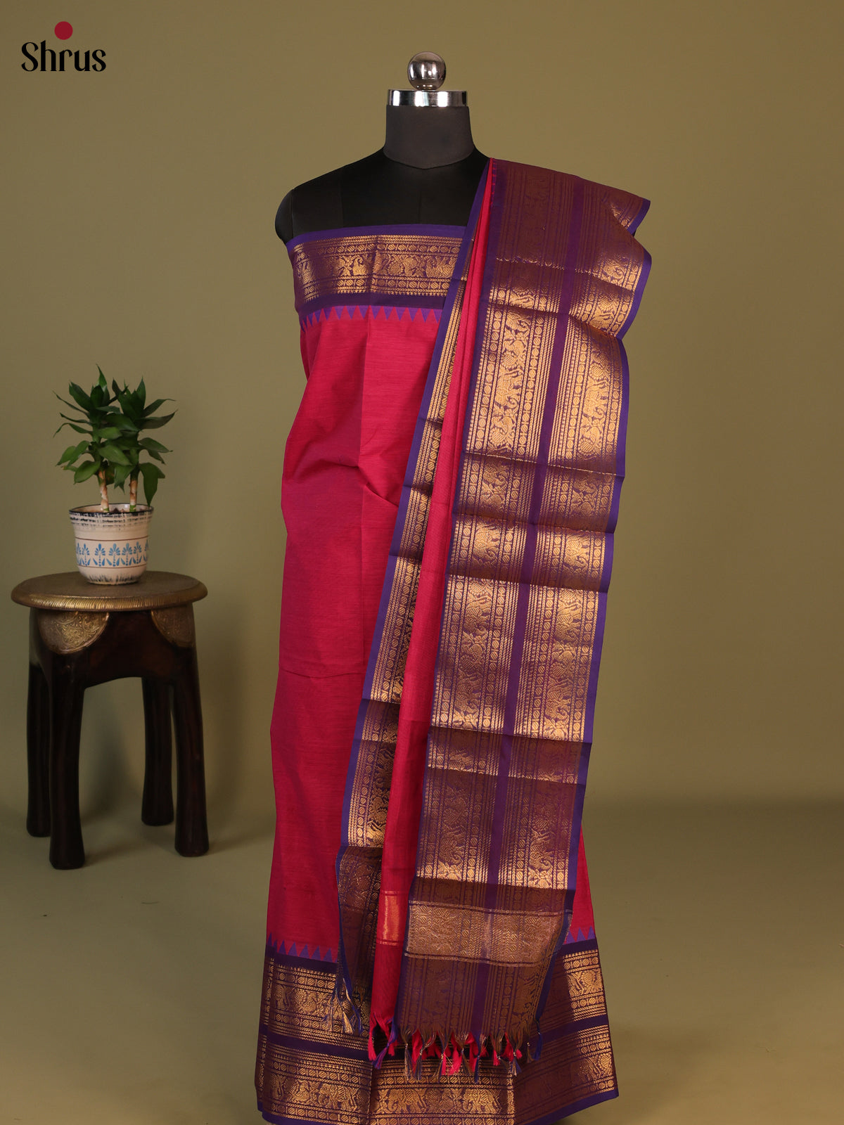 Maroon with Blue Chettinad Cotton Unstitched Suit Set