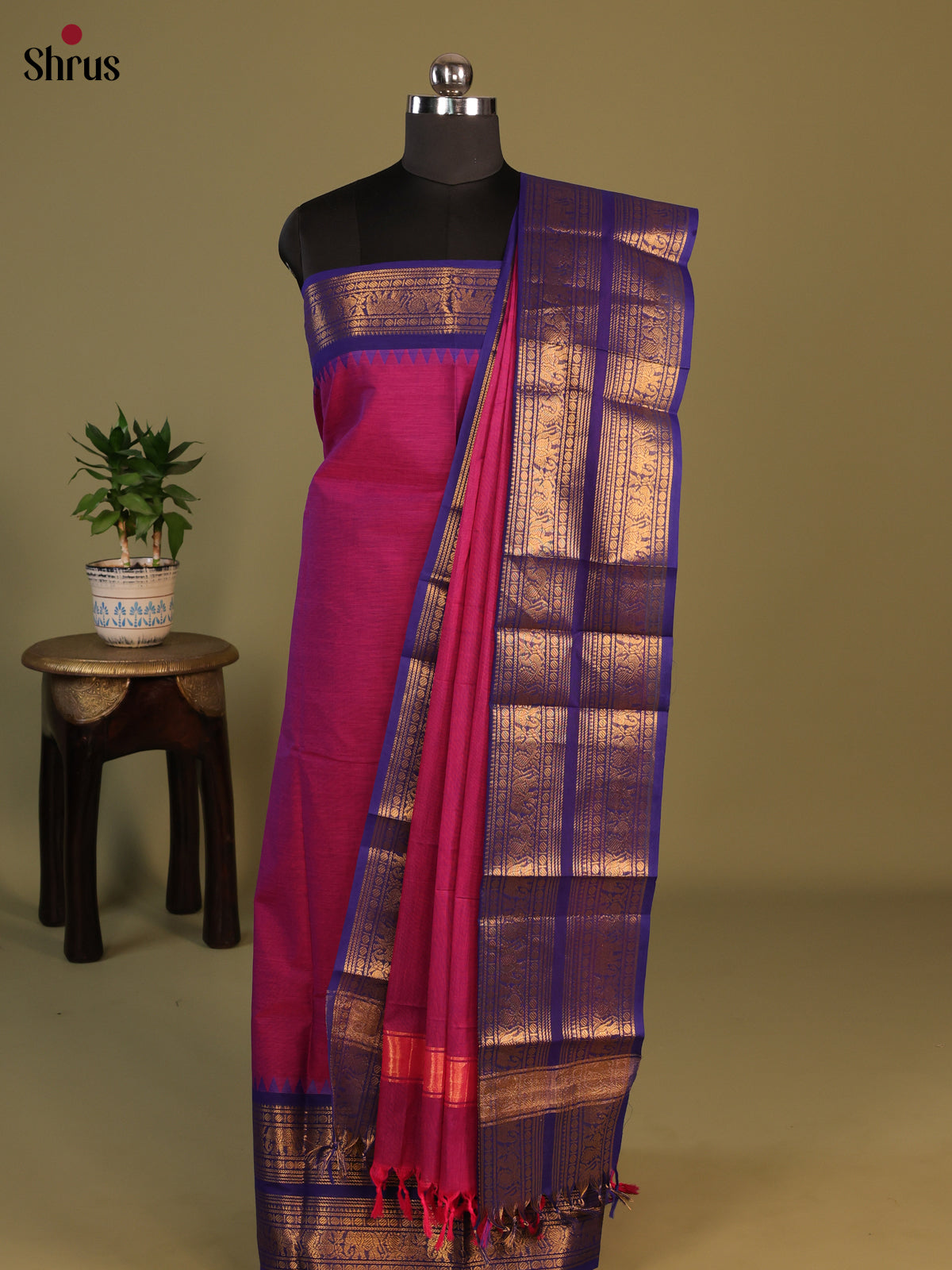 Purple with Blue Chettinad Cotton Unstitched Suit Set - Shop on Shrus.com