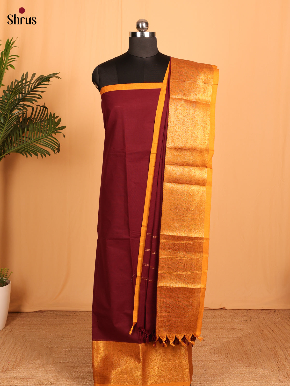 Maroon & Yellow Chettinad Cotton Unstitched Top & Dupatta - MCL23046