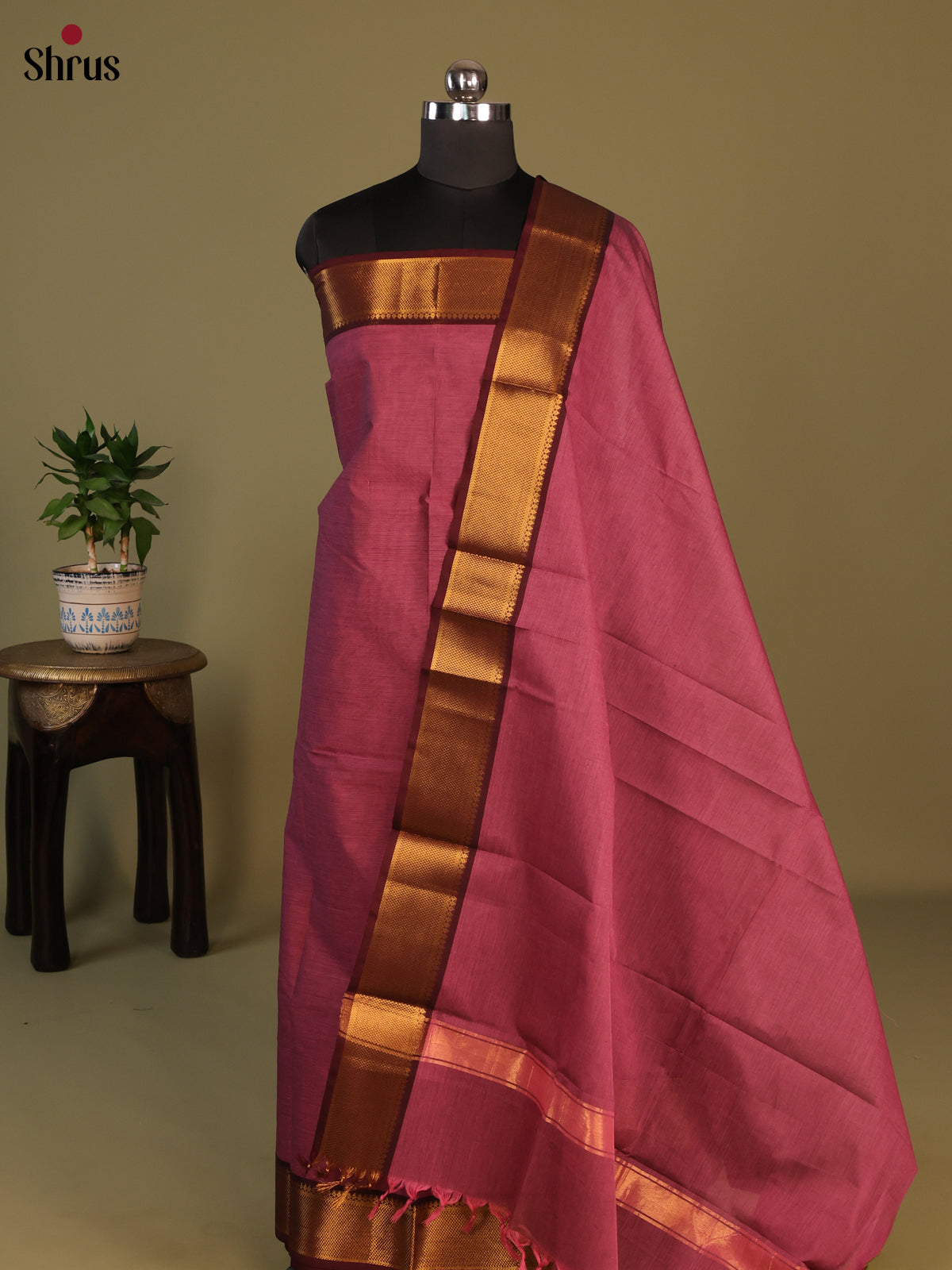 Pink with Maroon Chettinad Cotton Unstitched Suit Set