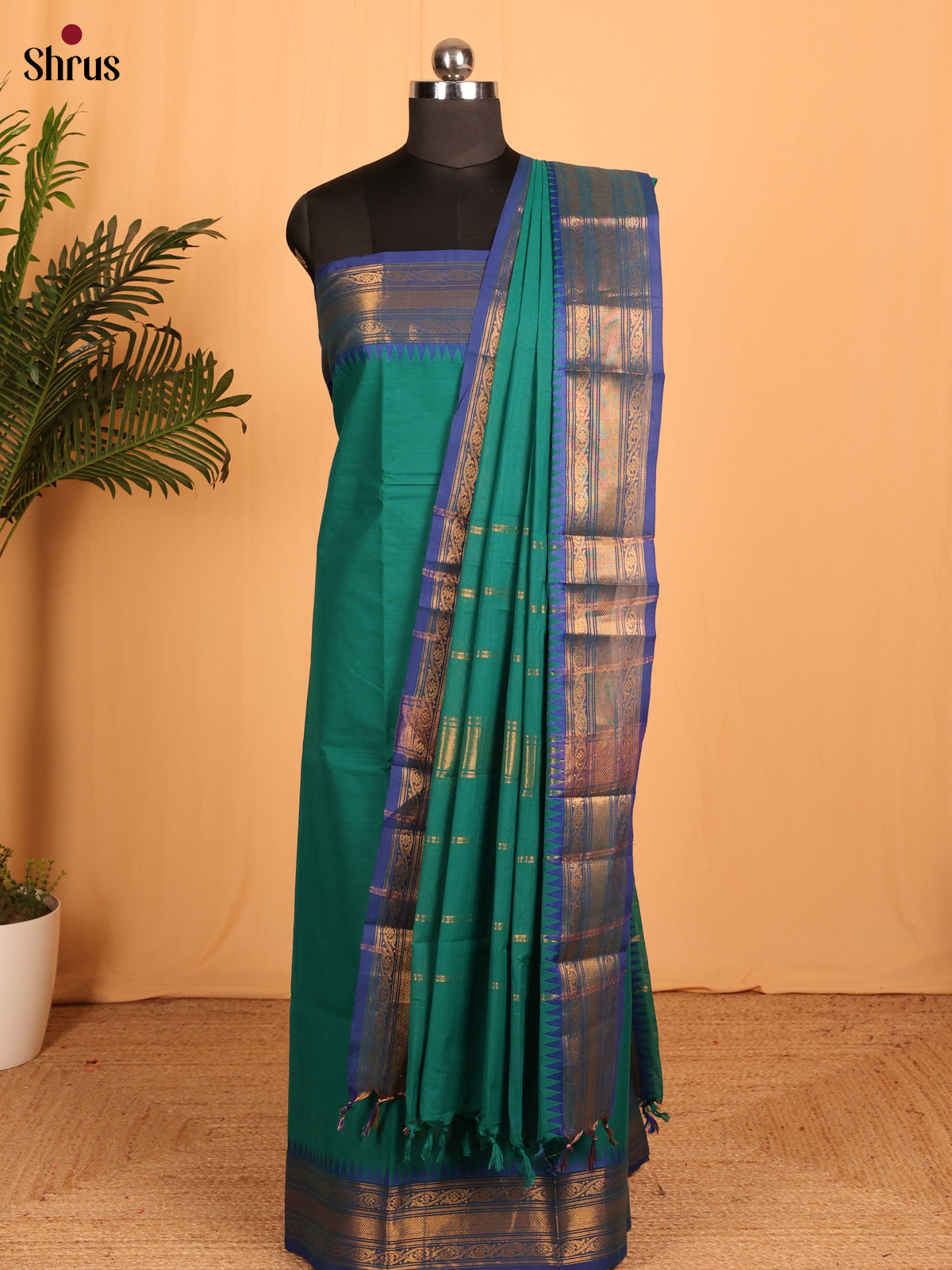 Green with Blue Chettinad Cotton Unstitched Suit Set