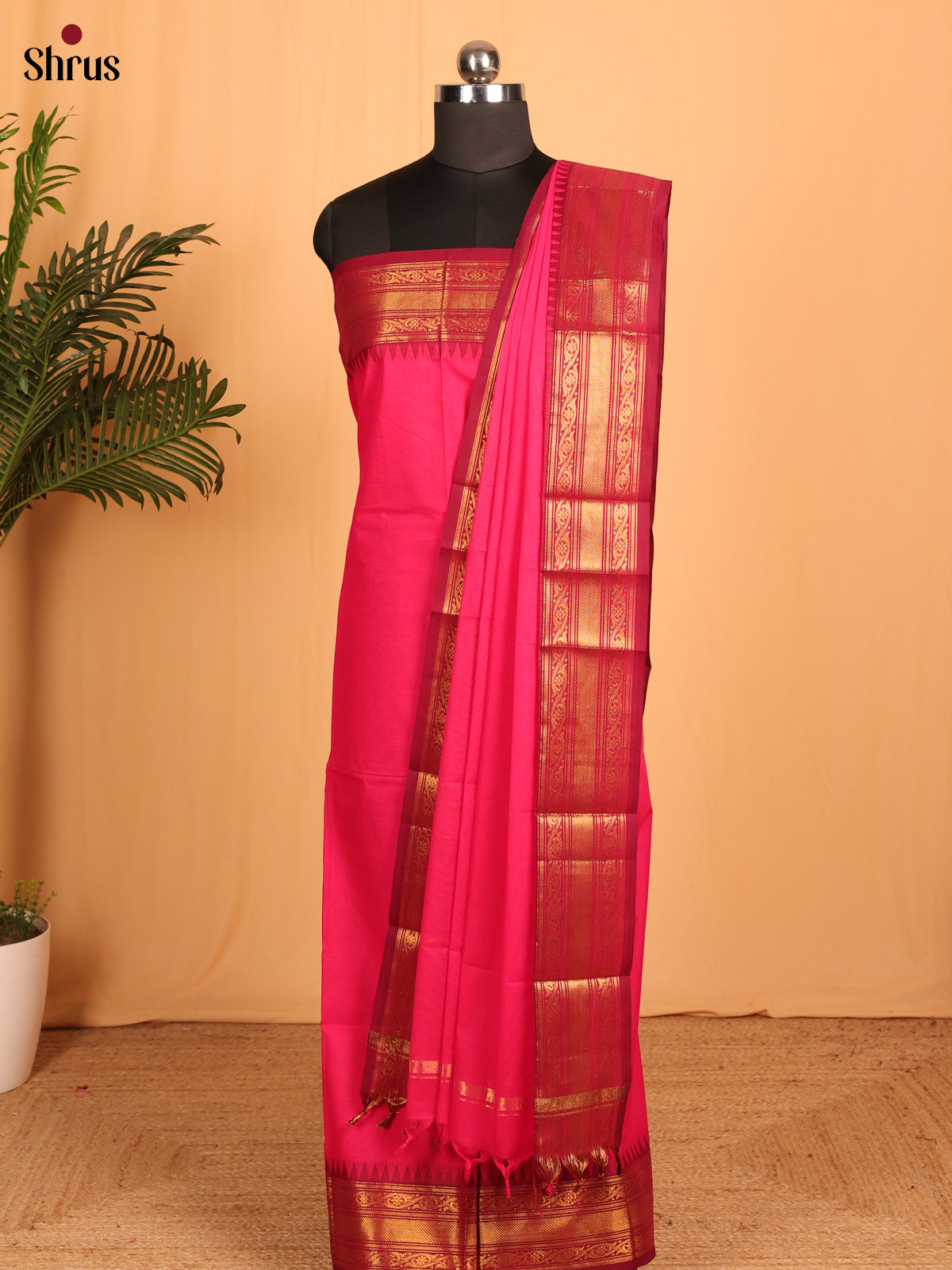Pink & Maroon Chettinad Cotton Unstitched Top & Dupatta - MCL23049