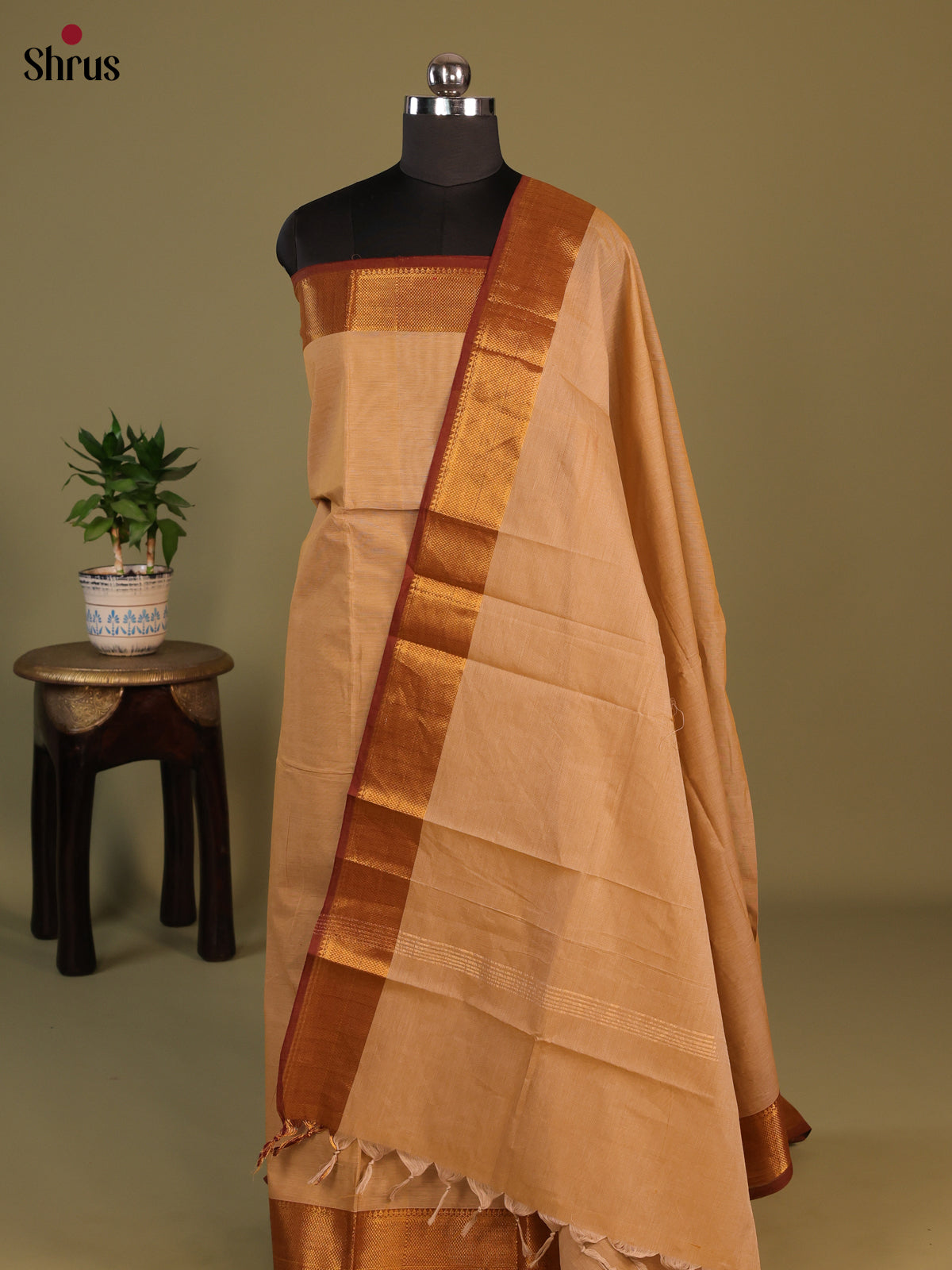 Beige with Brown Chettinad Cotton Unstitched Suit Set