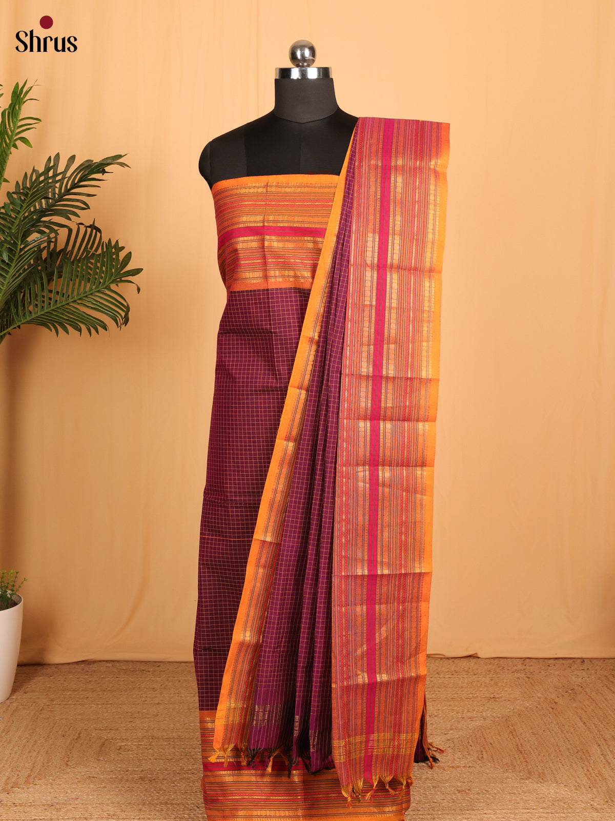Purple & Mustard Chettinad Cotton Unstitched Top & Dupatta - MCL23052