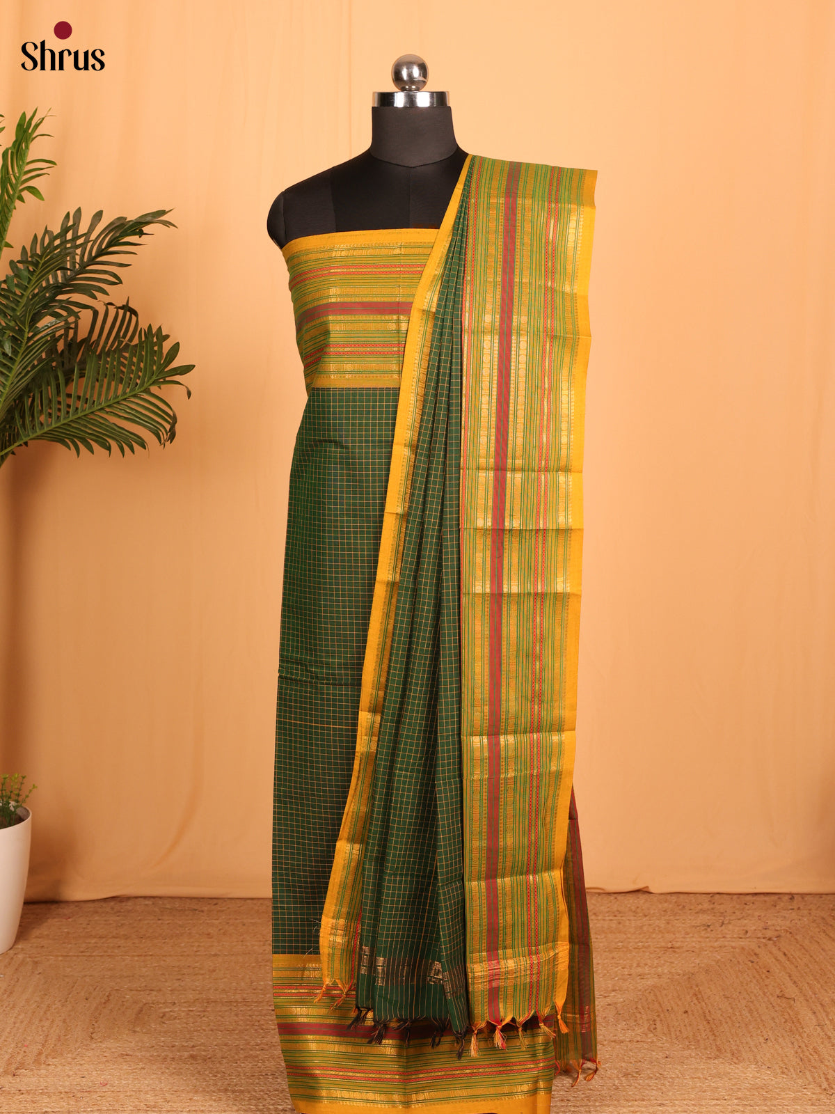 Green with Yellow Chettinad Cotton Unstitched Suit Set