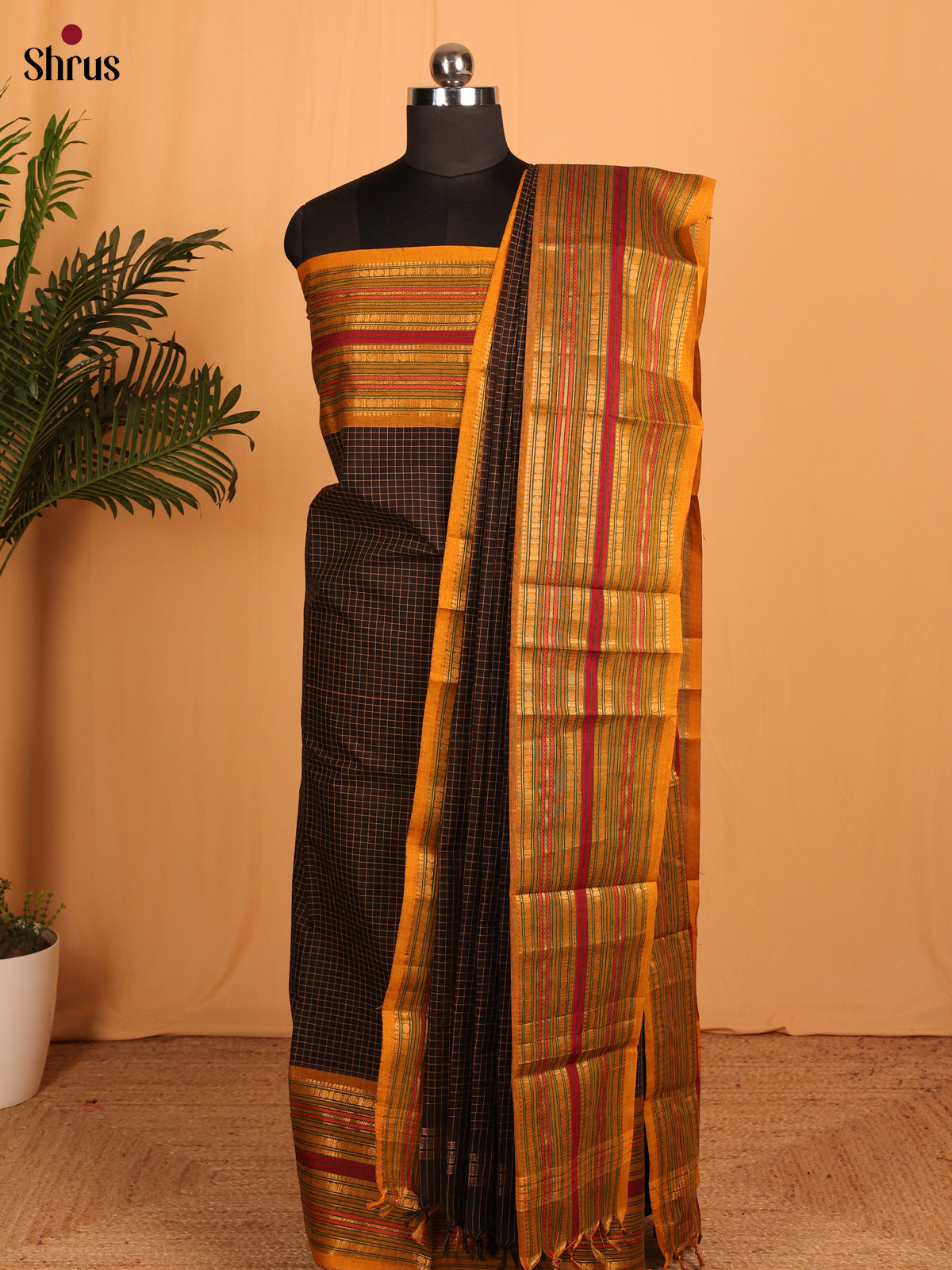 Black with Mustard Chettinad Cotton Unstitched Suit Set