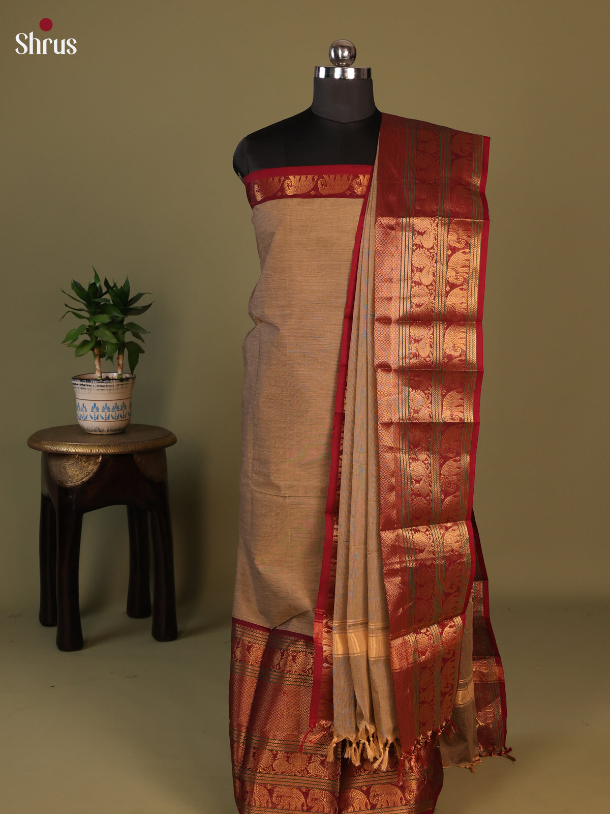 Grey with Maroon Chettinad Cotton Unstitched Suit Set