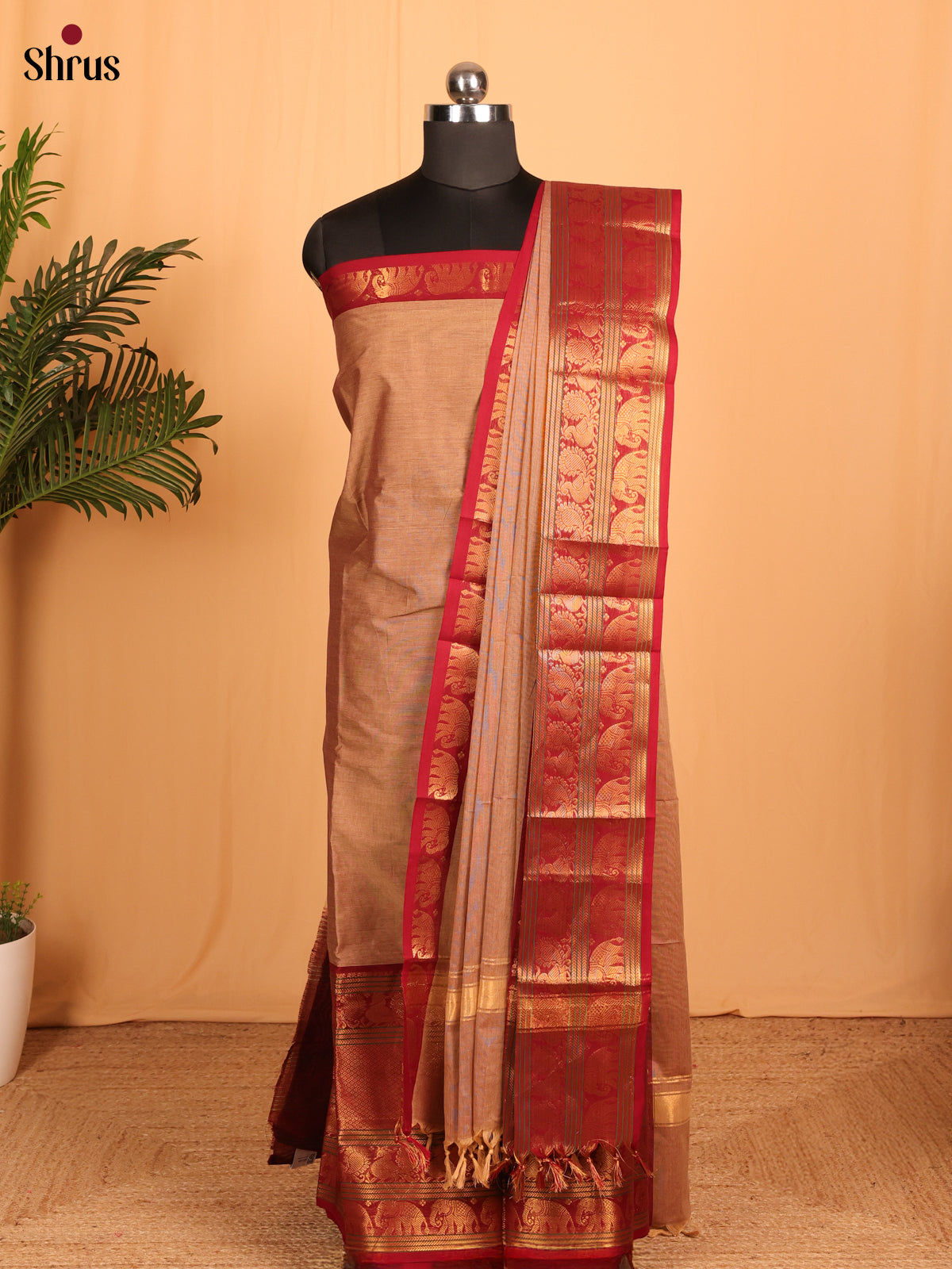 Light Brown with Red Chettinad Cotton Unstitched Suit Set
