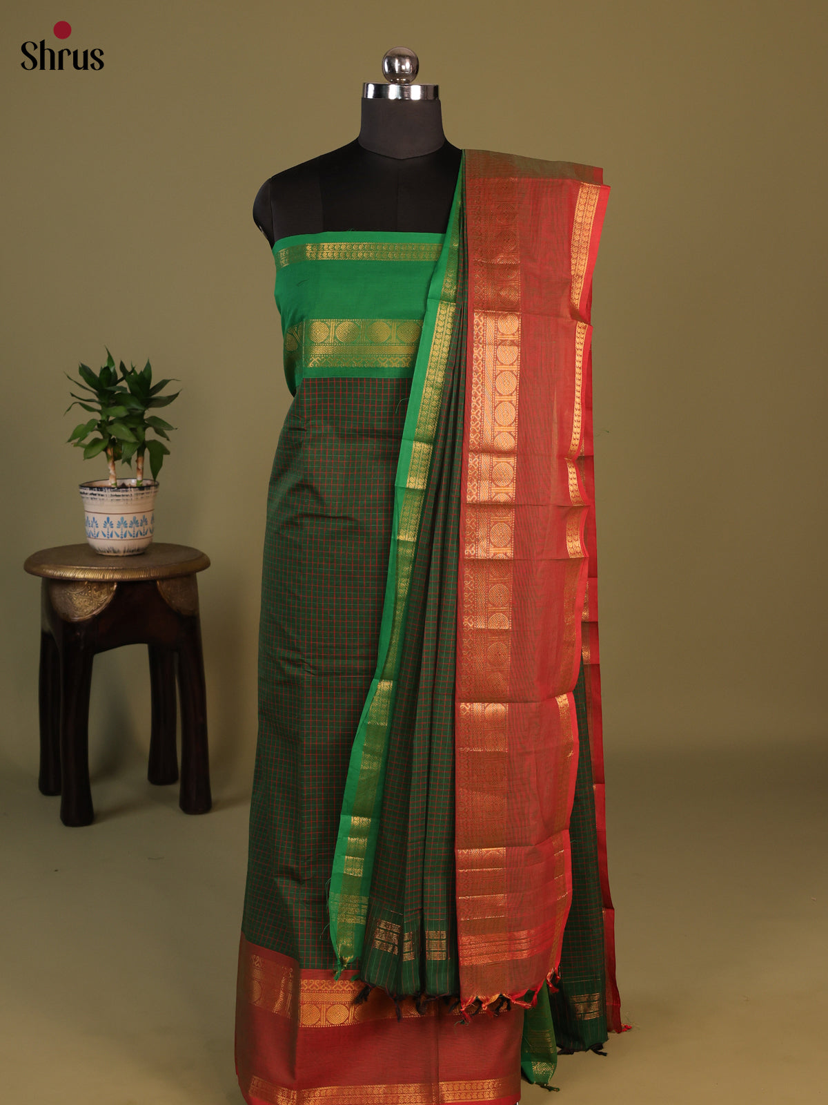 Green & Brown Chettinad Cotton Unstitched Top & Dupatta- MCL23058