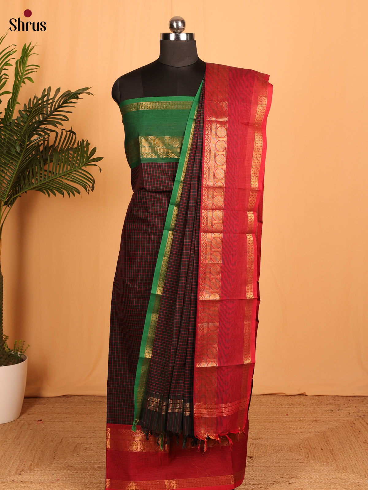 Browm with Red Chettinad Cotton Unstitched Suit Set