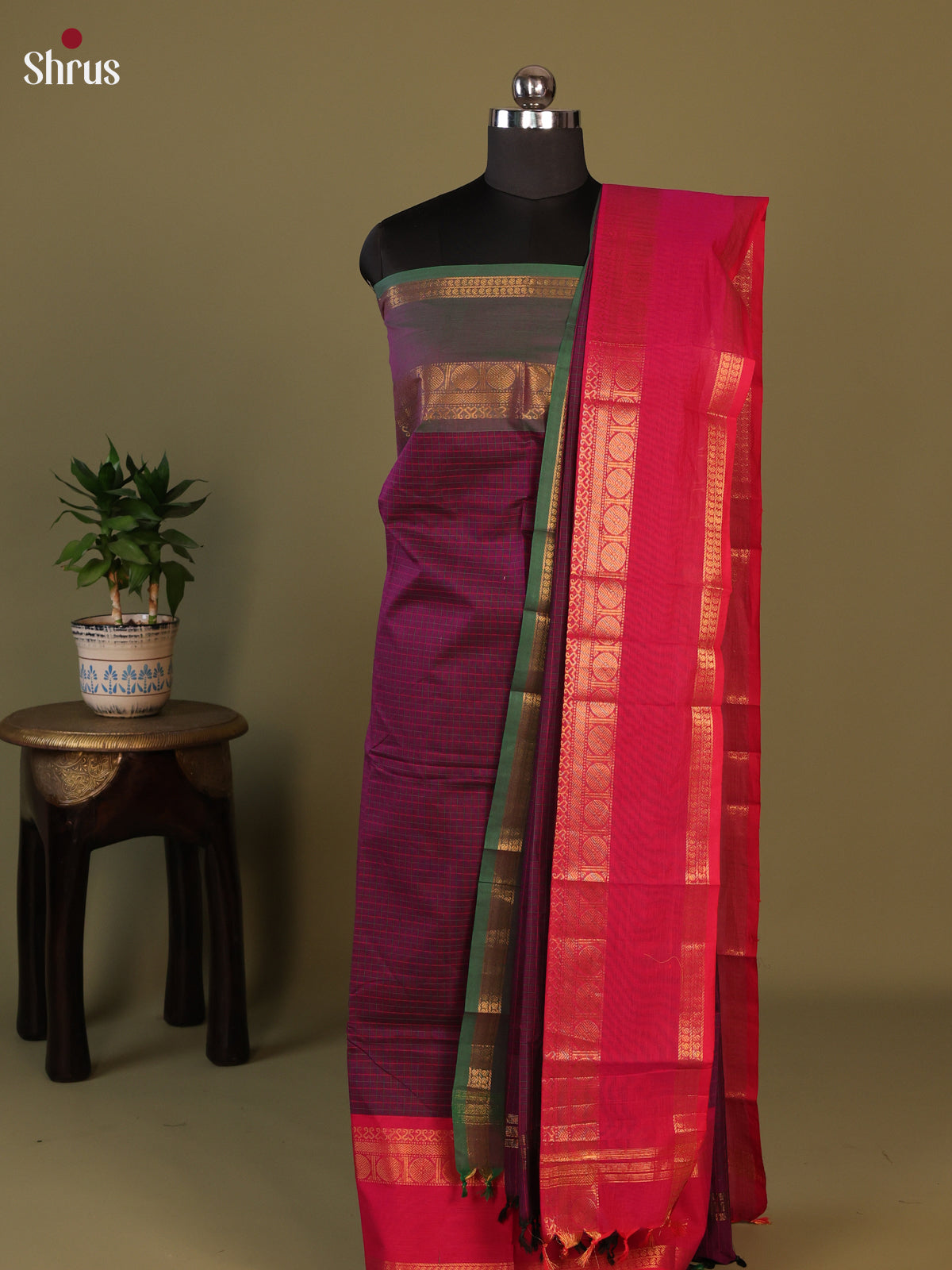 Purple with Pink Chettinad Cotton Unstitched Suit Set